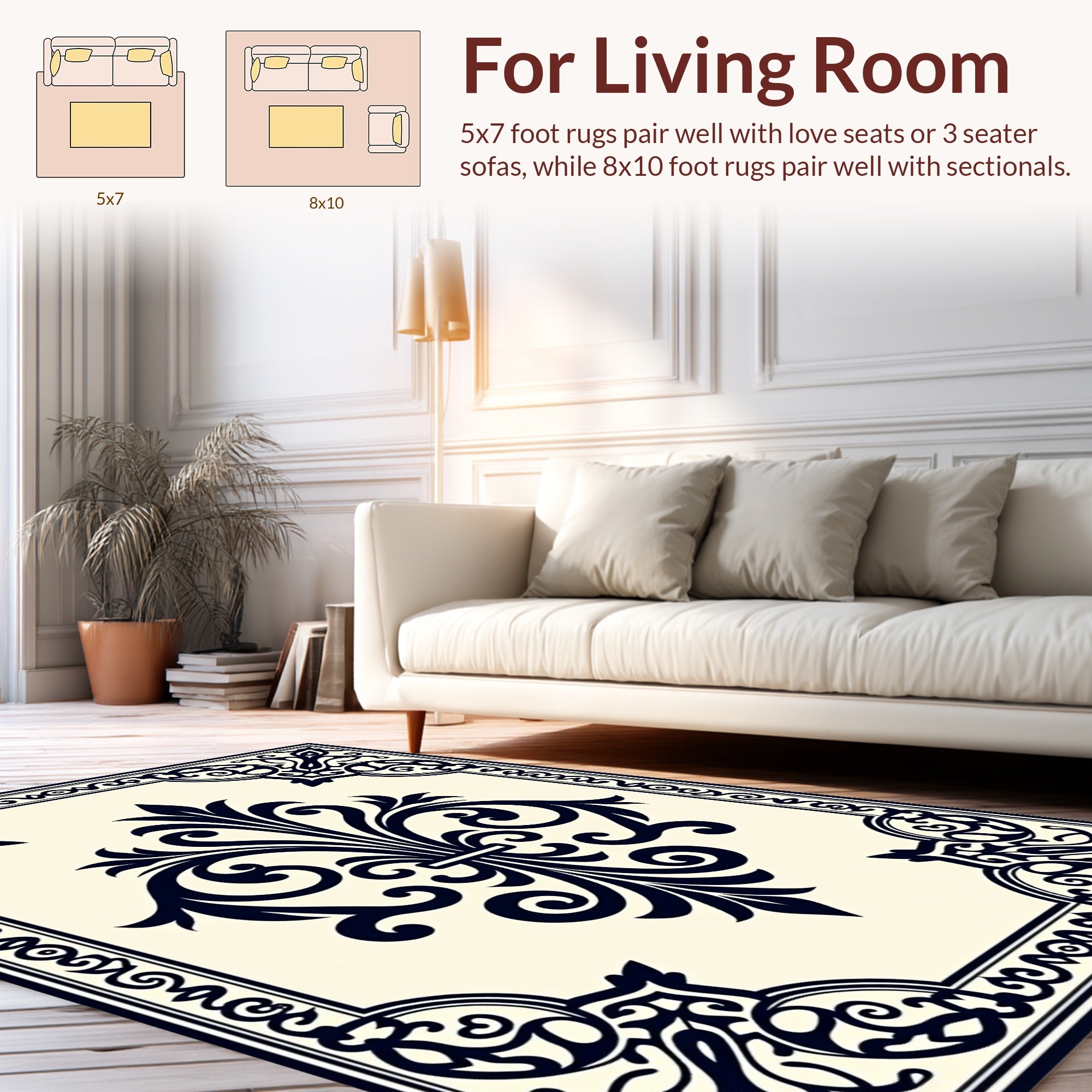 Elegant Black Cream Floral Scroll Rug