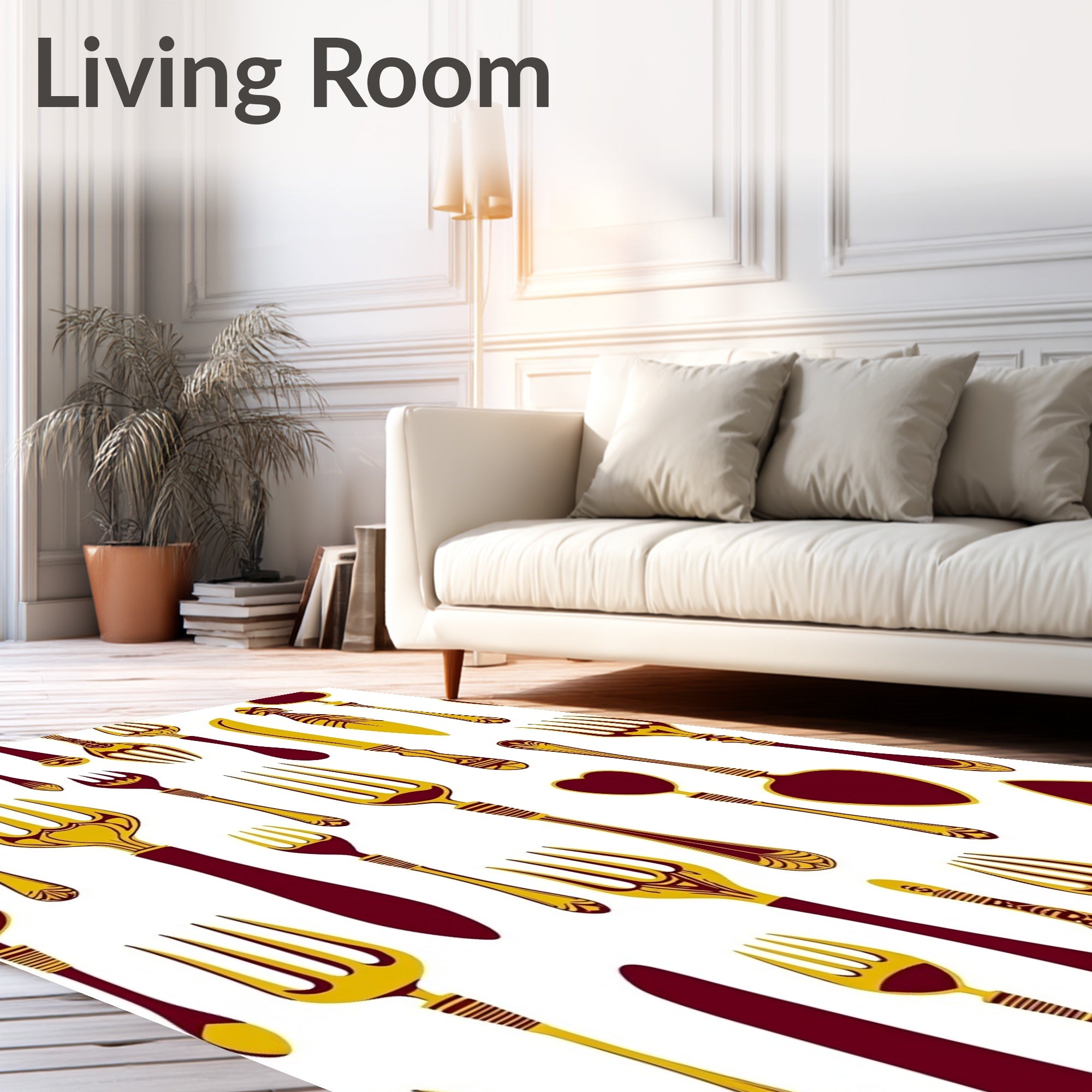 Maroon Gold Utensil Medallion Collage Rug