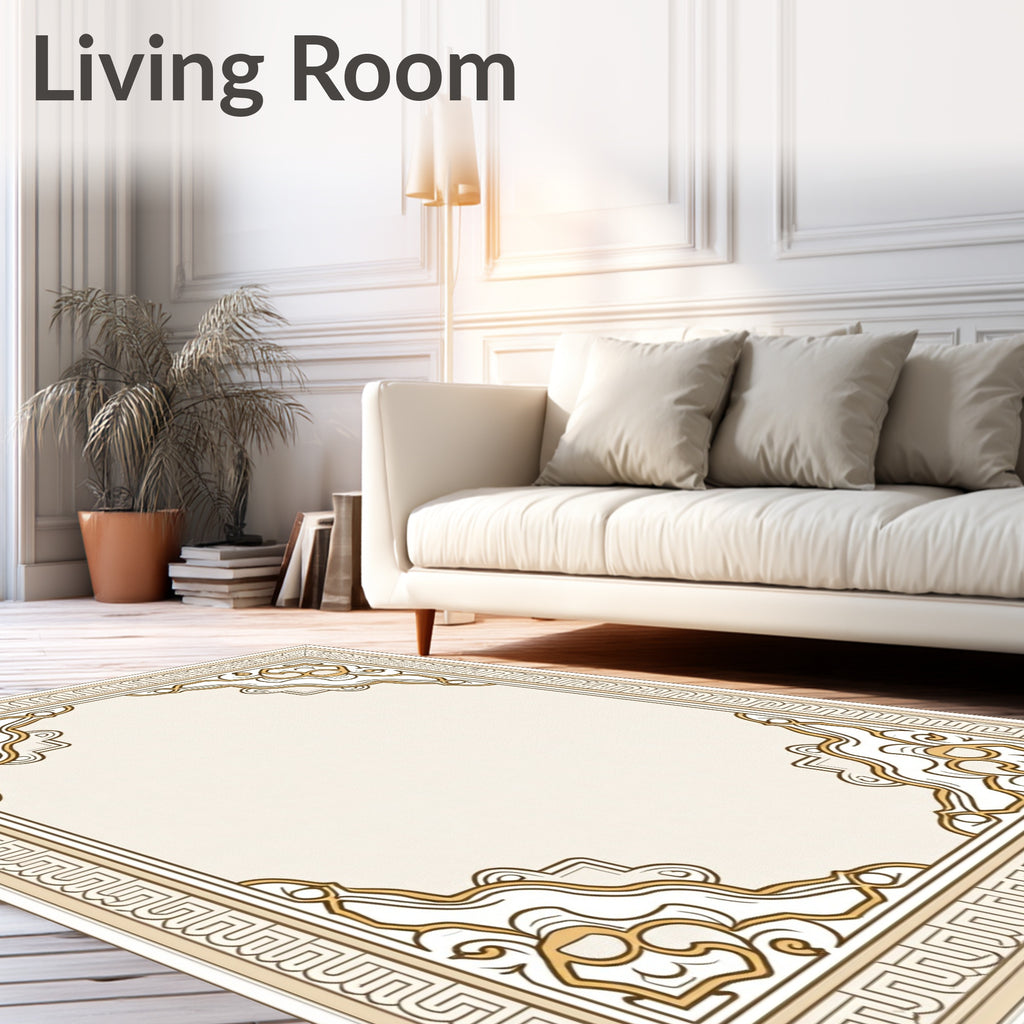 Elegant Gold Cream Scrollwork Border Rug