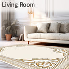 Elegant Gold Cream Scrollwork Border Rug