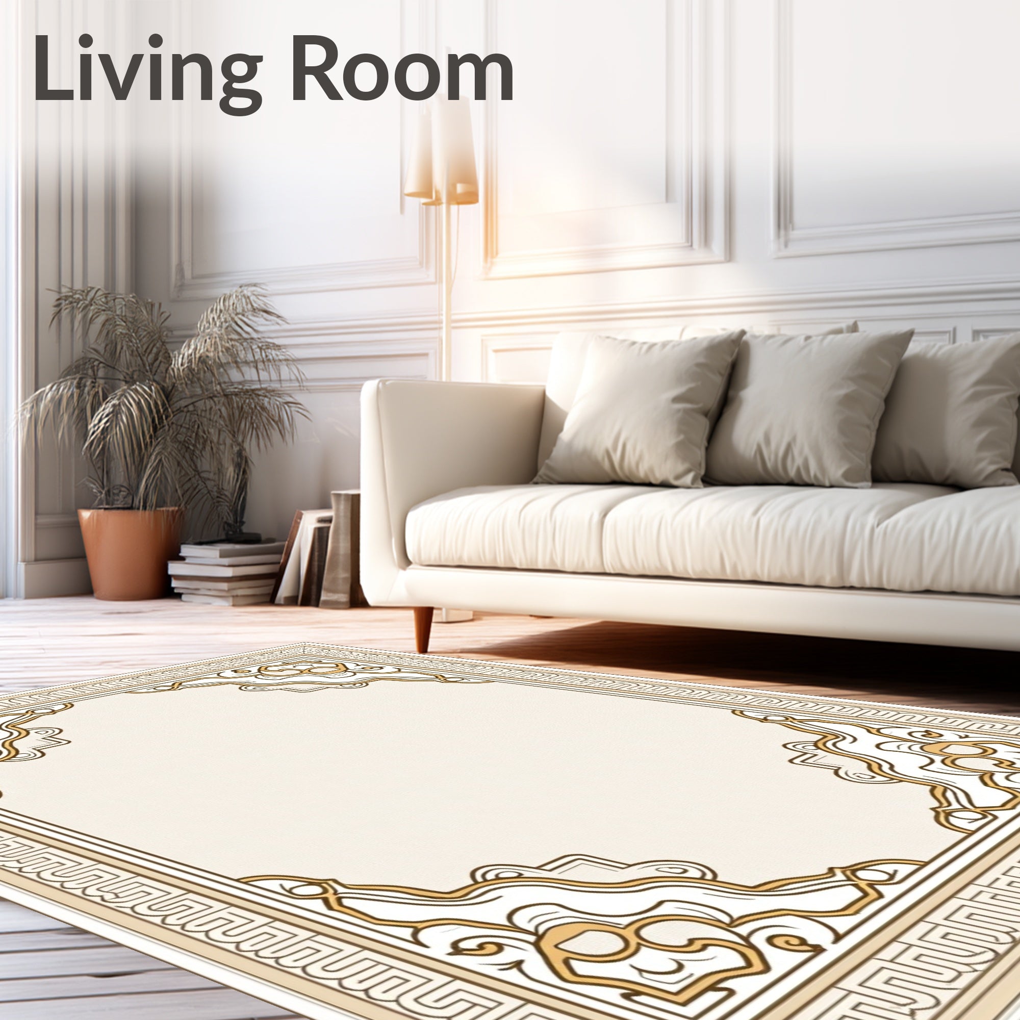 Elegant Gold Cream Scrollwork Border Rug