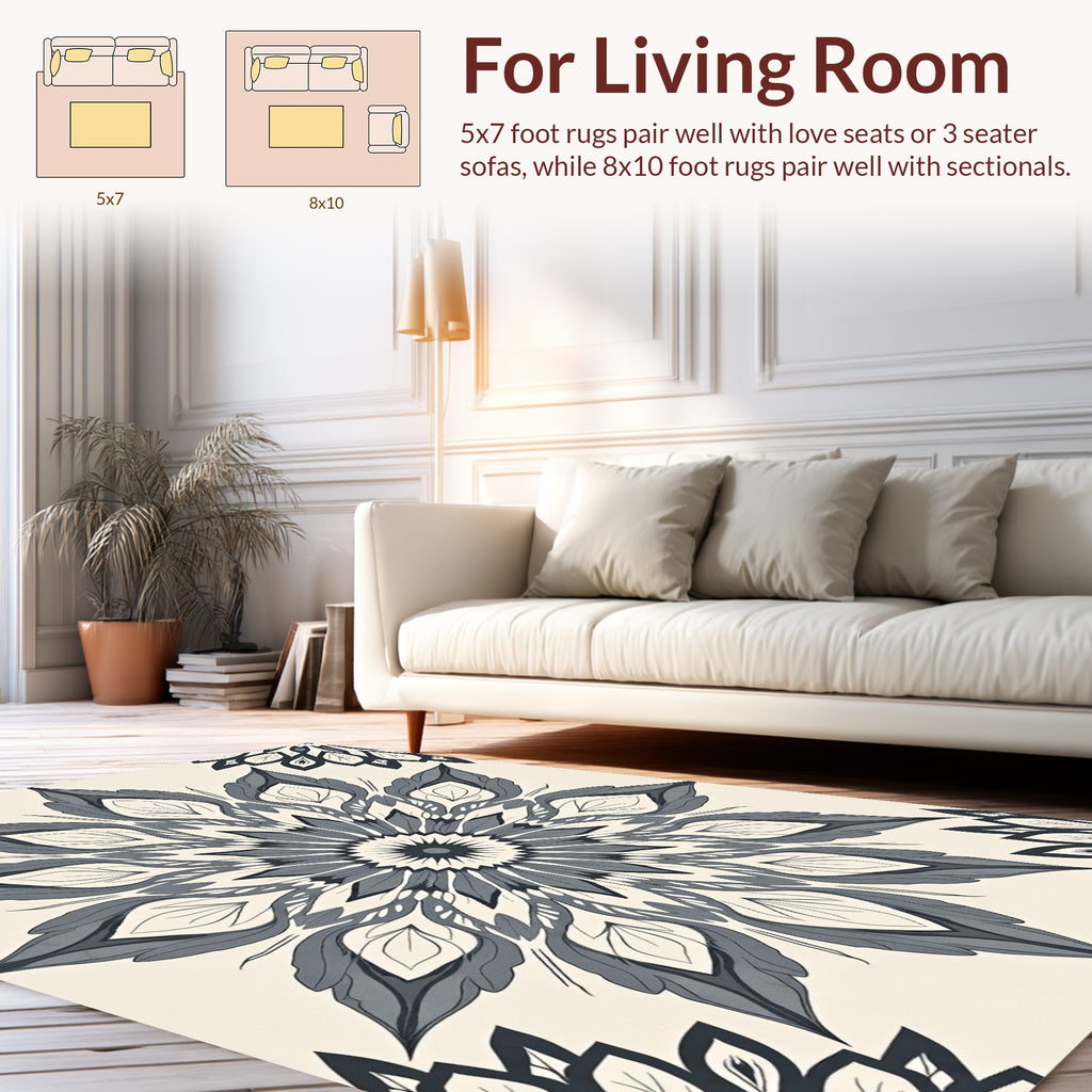 Dark Gray And White Mandala Pattern Rug