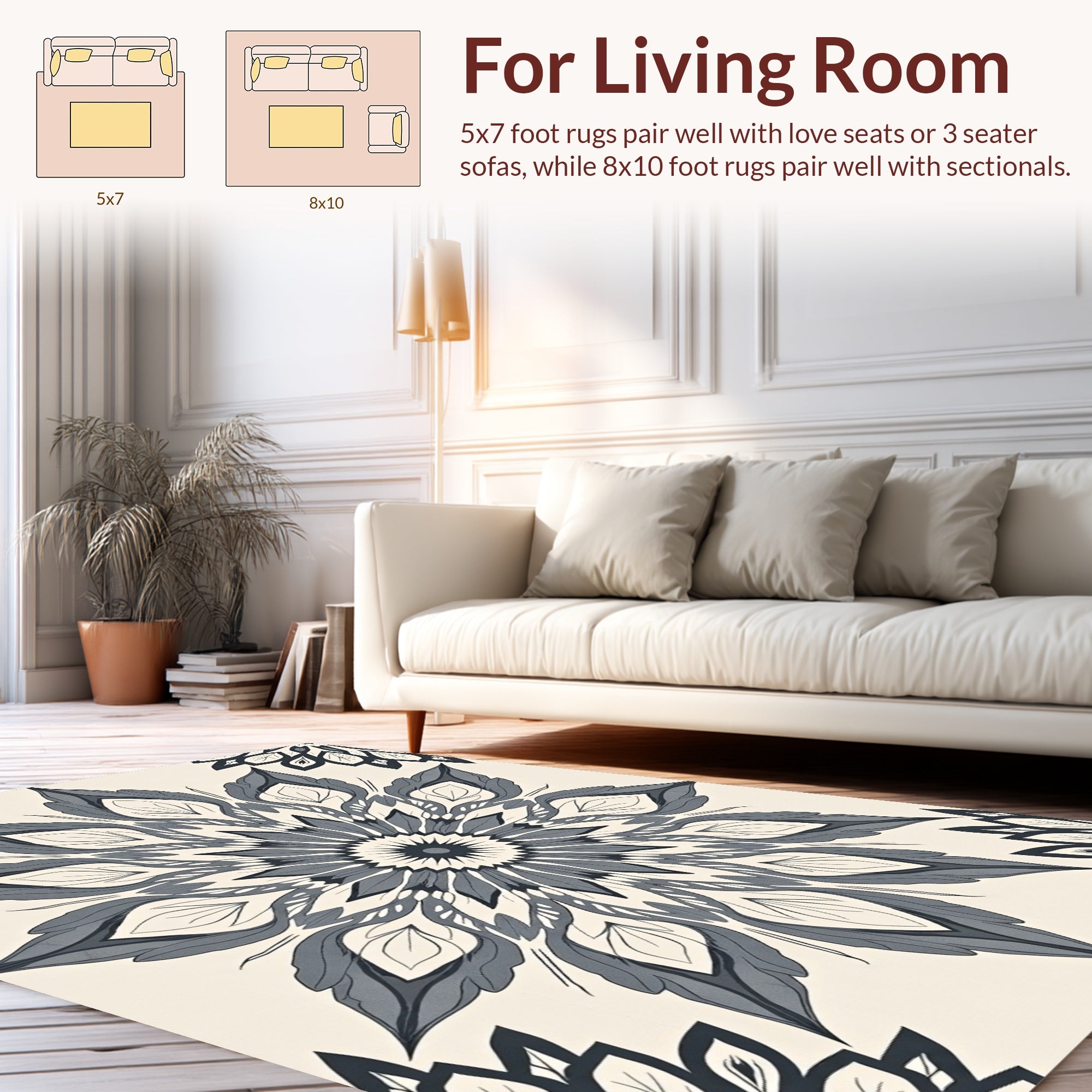 Dark Gray And White Mandala Pattern Rug