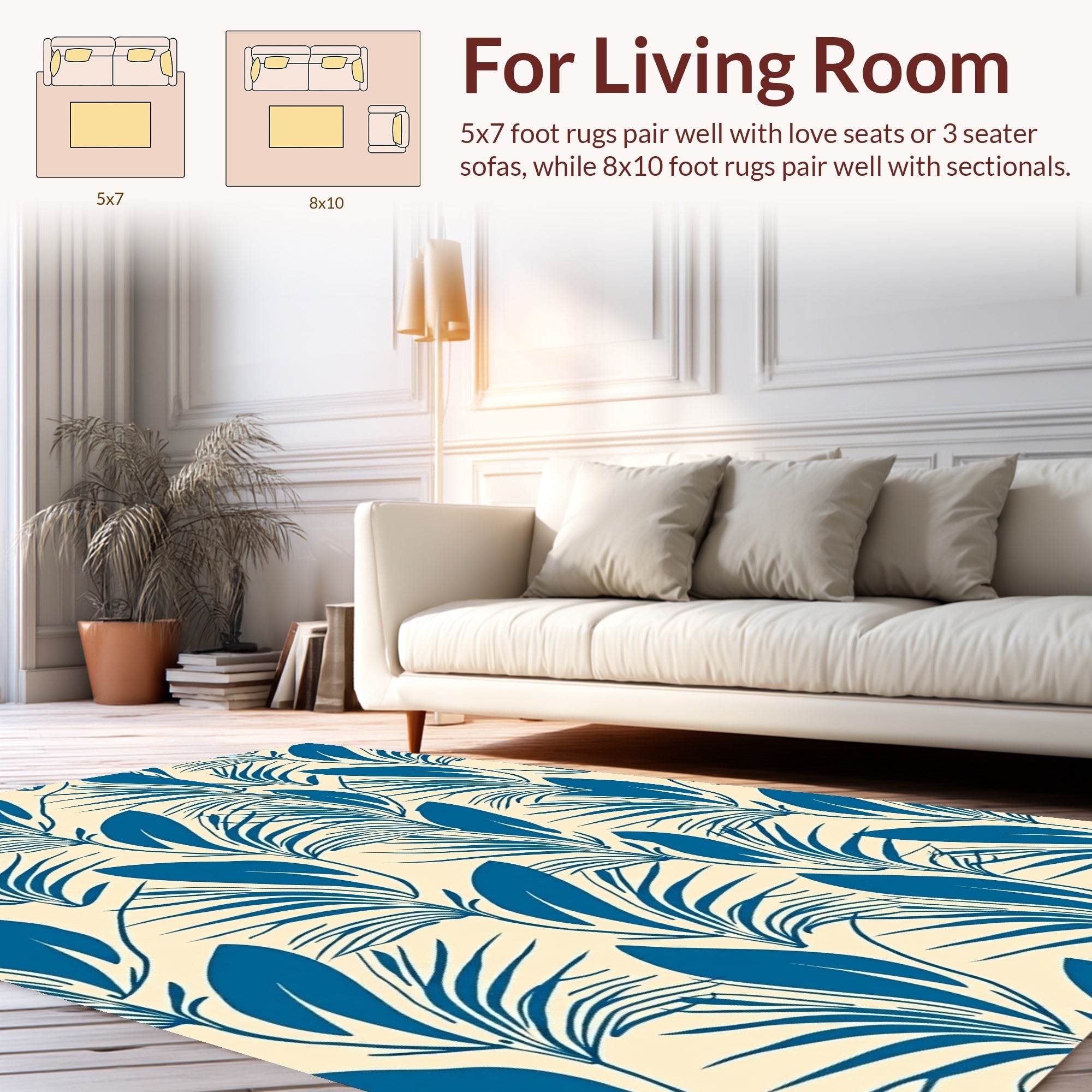 Blue Tropical Leaf Pattern Design Rug