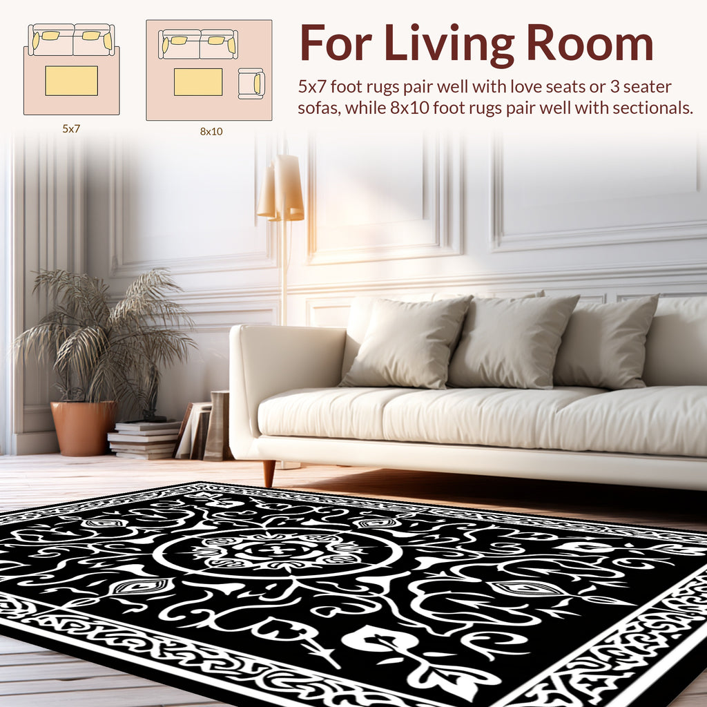 Black White Ornate Scroll Pattern Rug