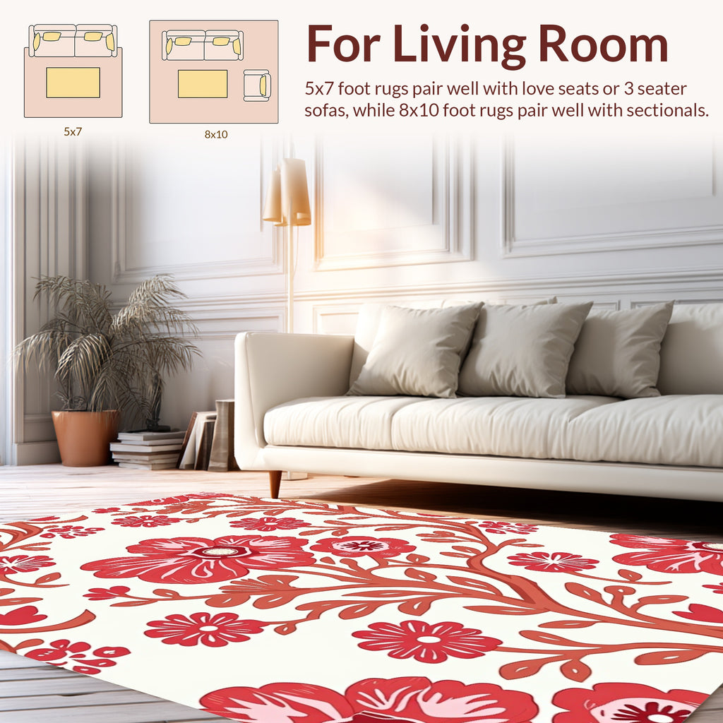 Bold Red Floral Branch Pattern Rug