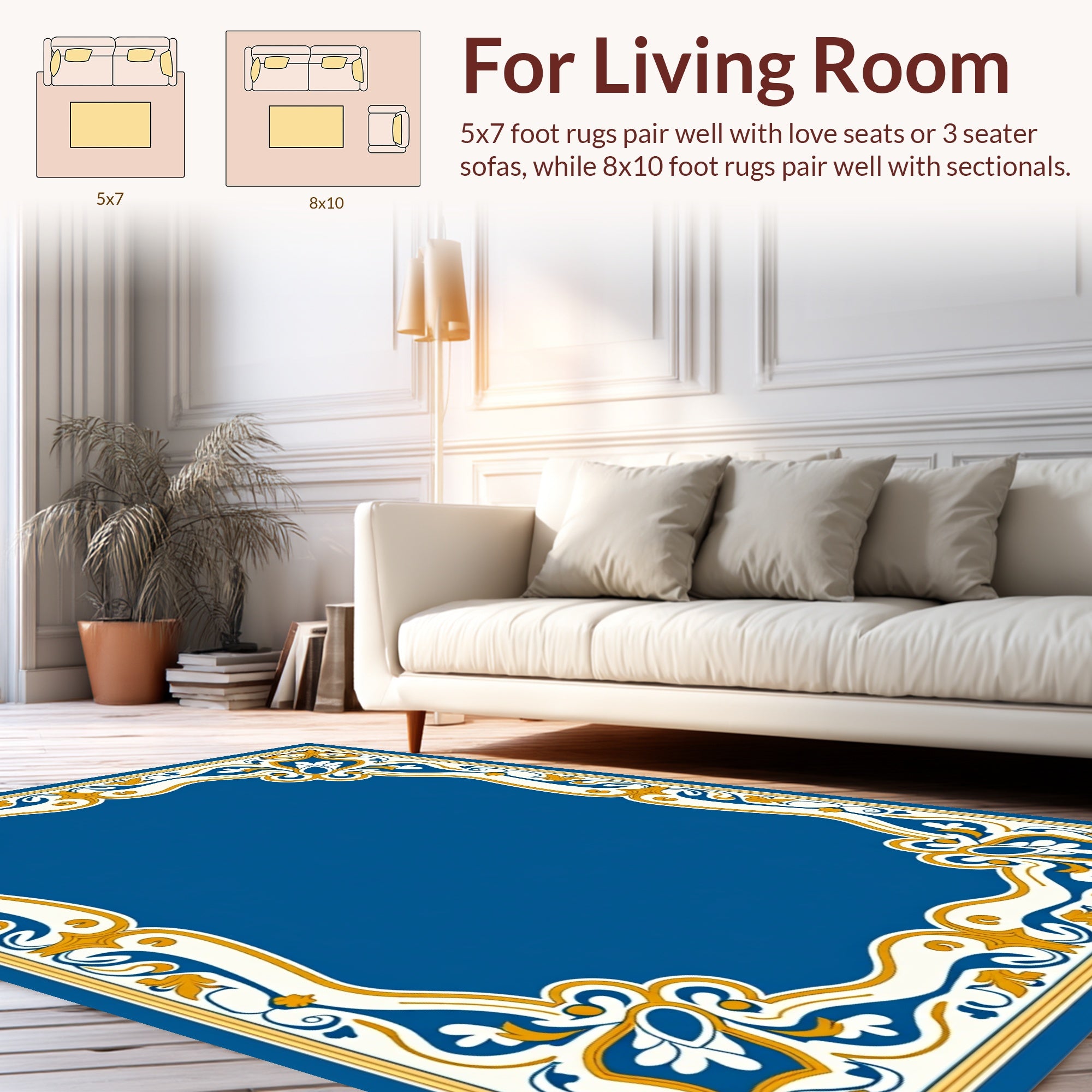 Intricate Gold Blue Floral Pattern Rug