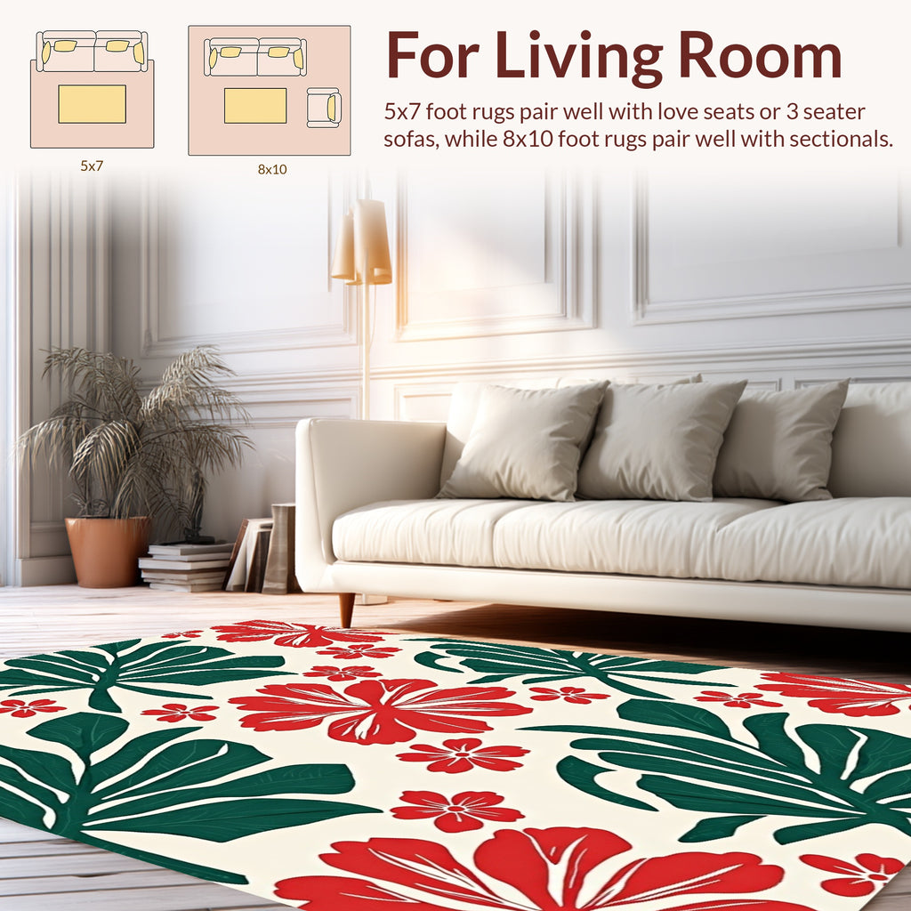 Bold Red Green Tropical Bloom Pattern Rug