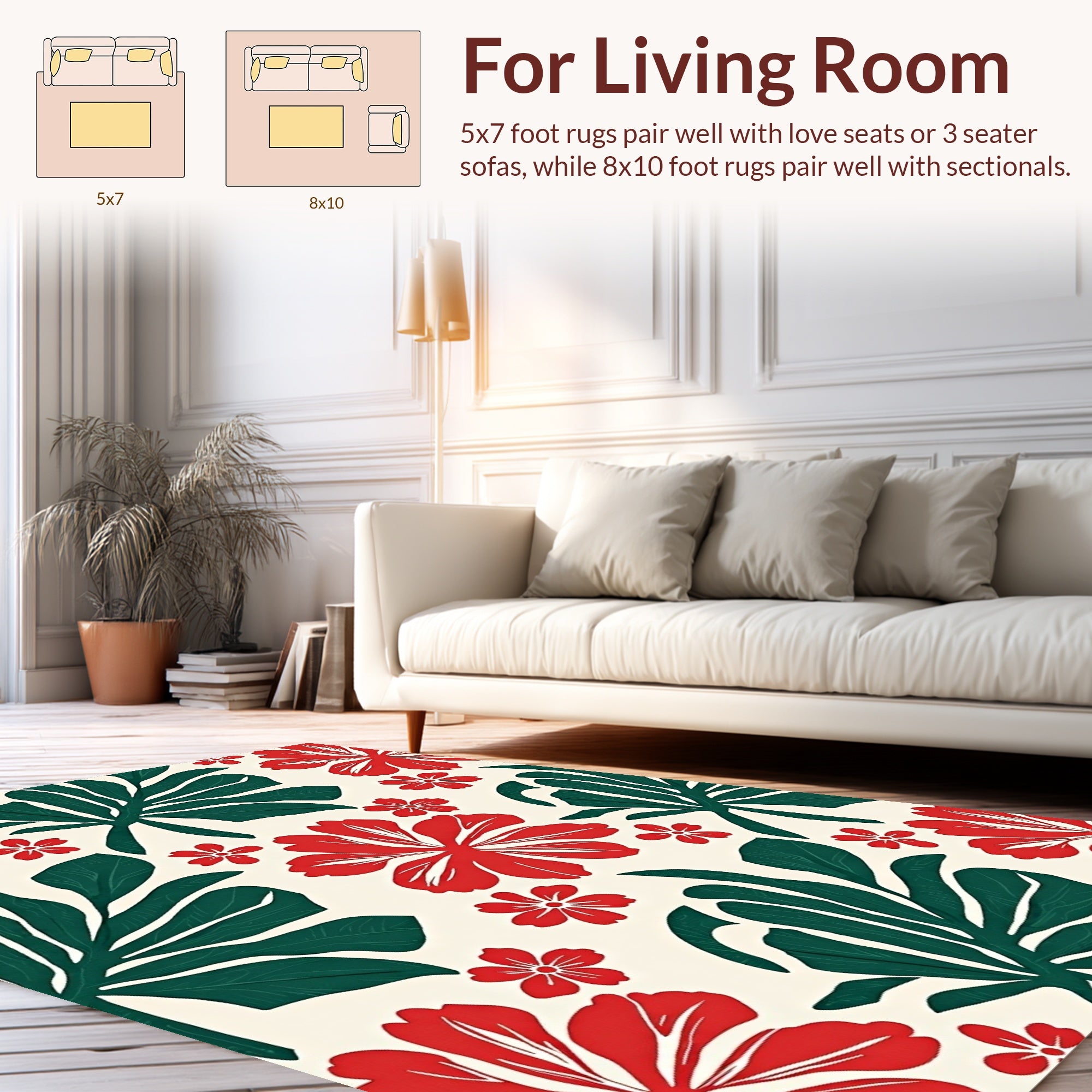 Bold Red Green Tropical Bloom Pattern Rug