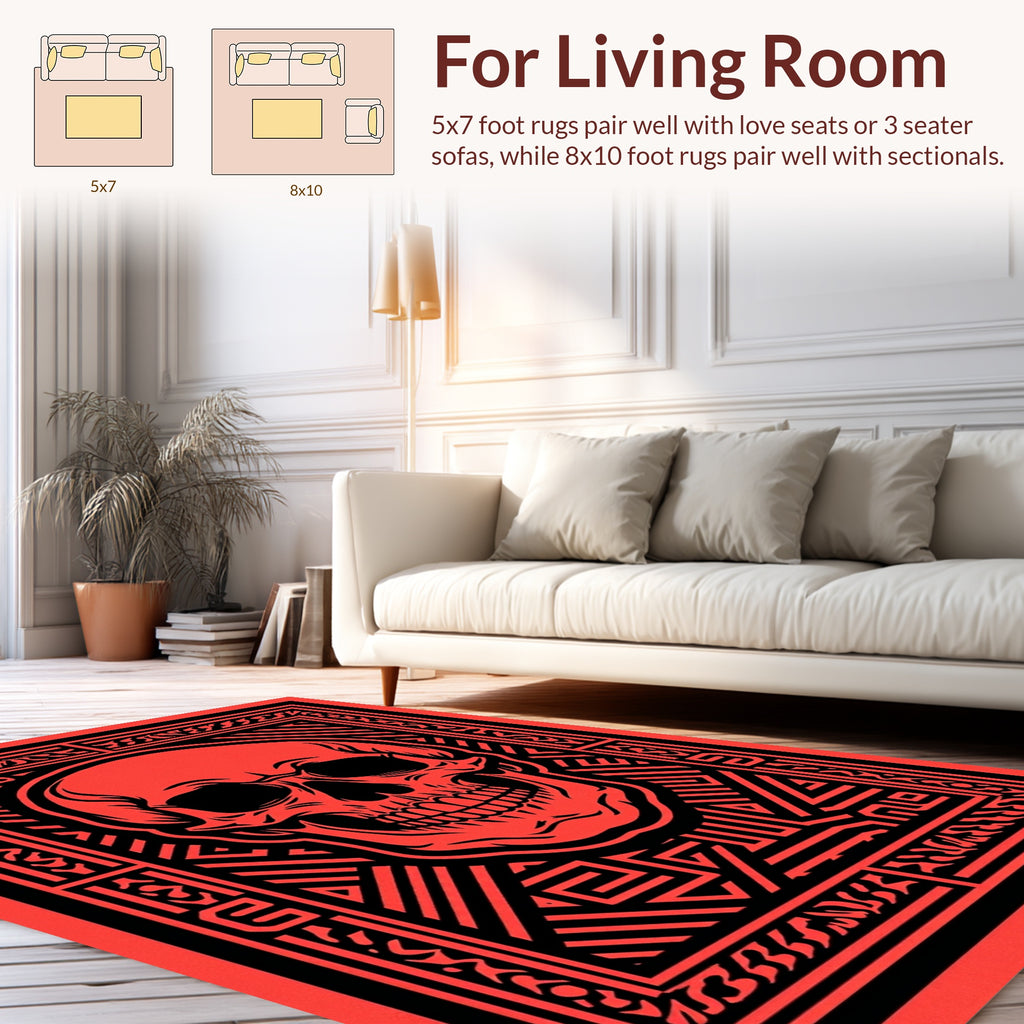 Bold Red Skull Geometric Pattern Rug