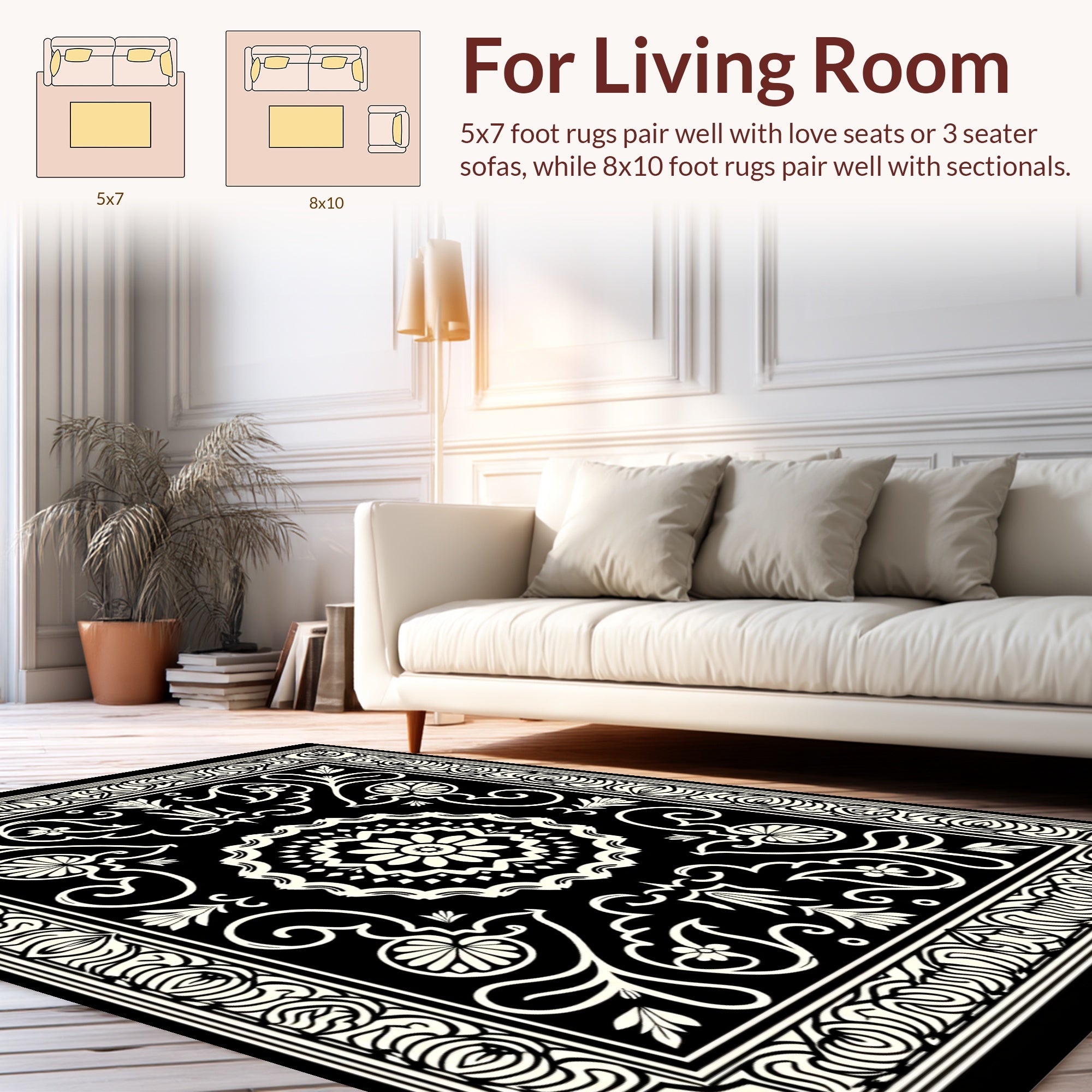 Black Cream Floral Medallion Frame Rug