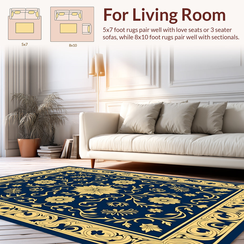 Vintage Floral Medallion Blue Gold Rug