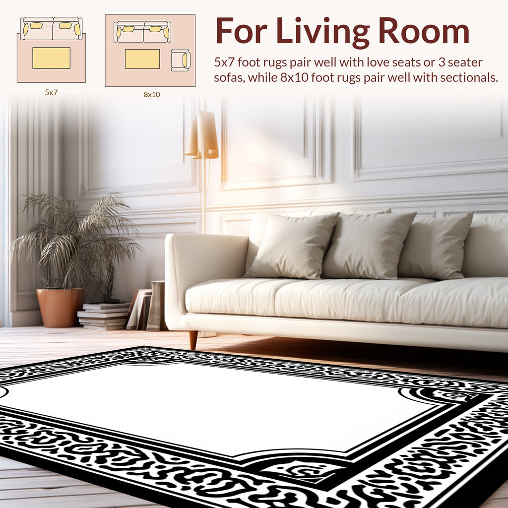 Intricate Black White Scroll Frame Design Rug