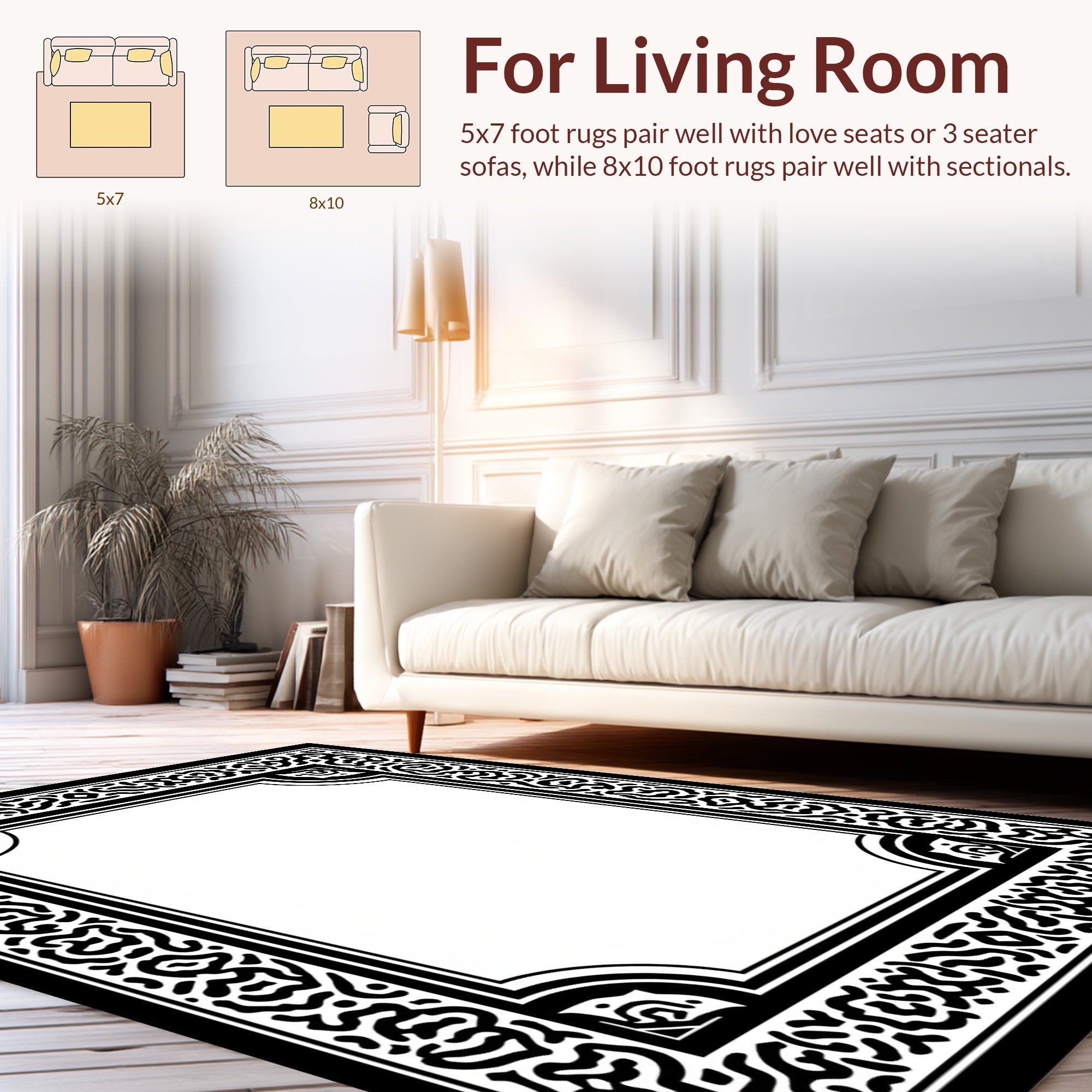 Intricate Black White Scroll Frame Design Rug