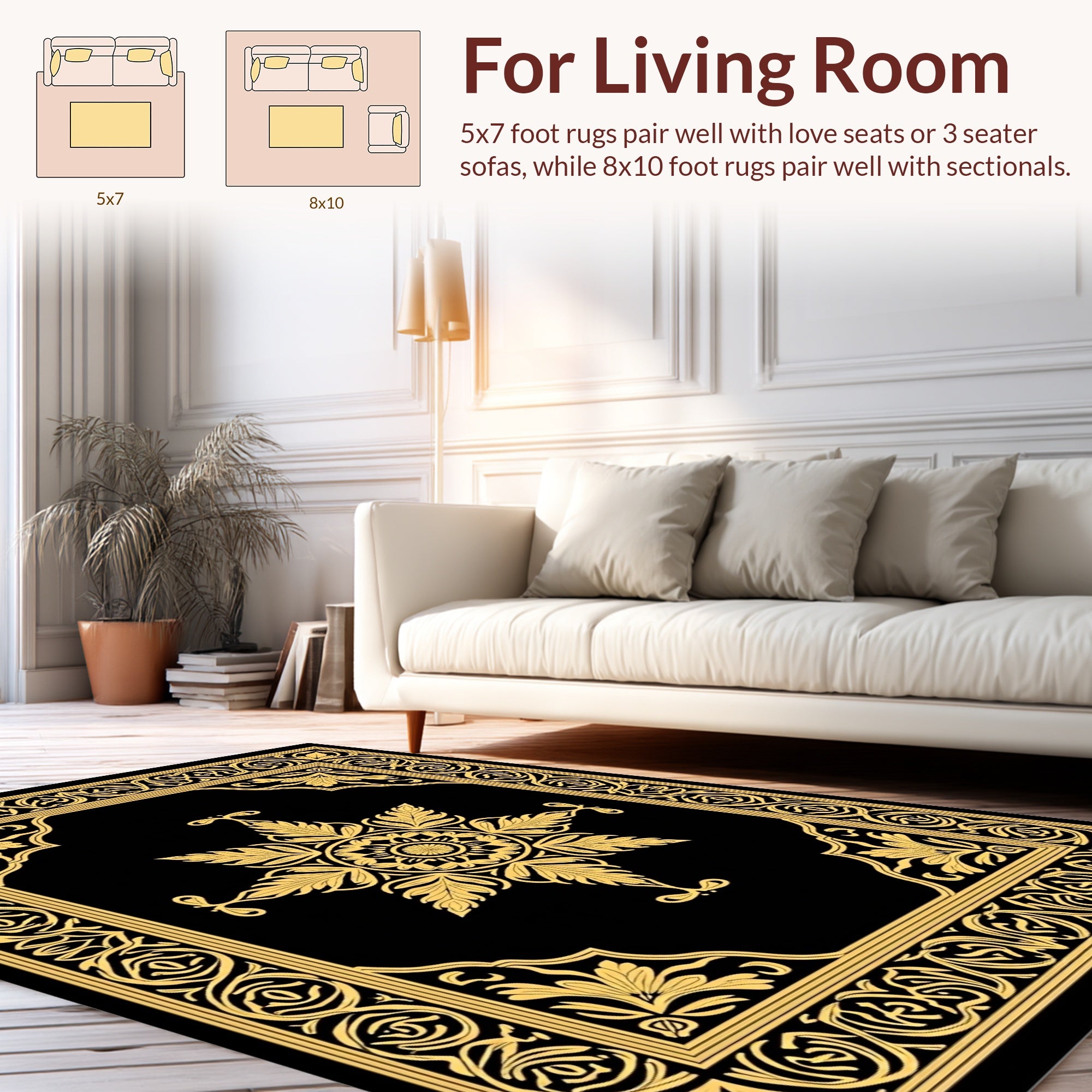 Elegant Gold Ornate Floral Design Rug