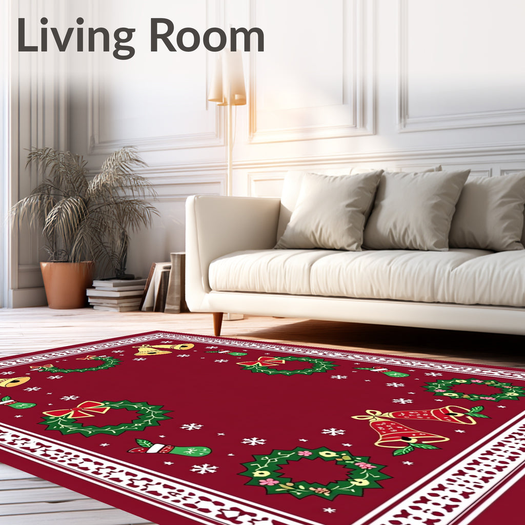 Crimson Festive Christmas Bells Wreaths Rug