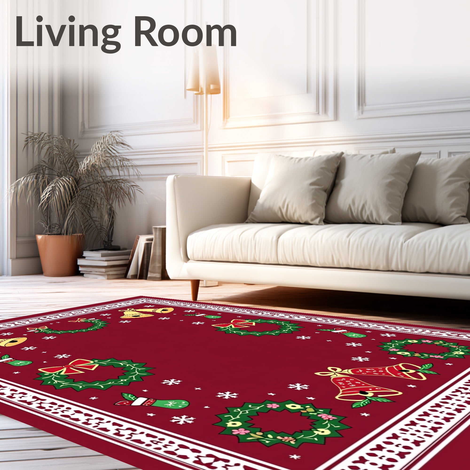 Crimson Festive Christmas Bells Wreaths Rug