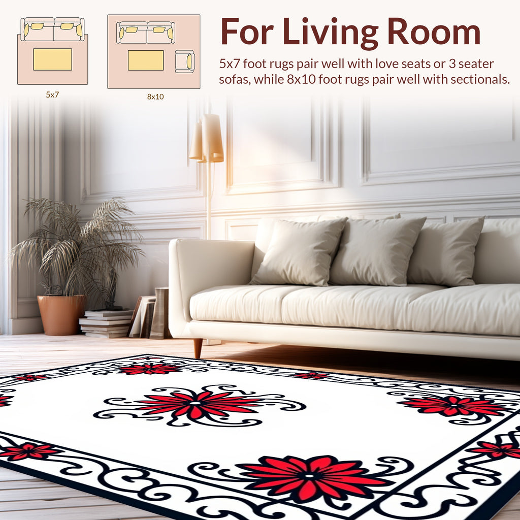 Red Floral Swirl Border Design Rug