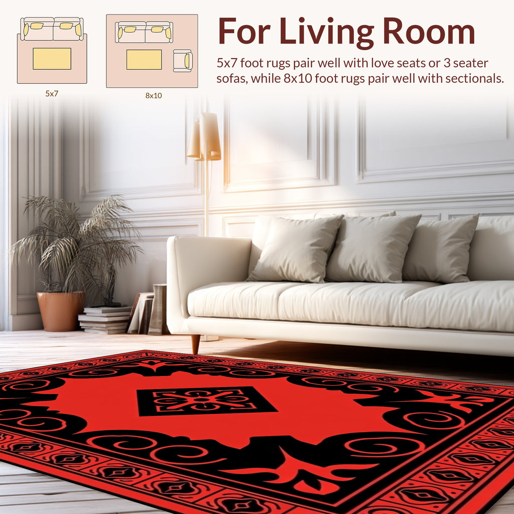 Striking Red Black Geometric Floral Rug