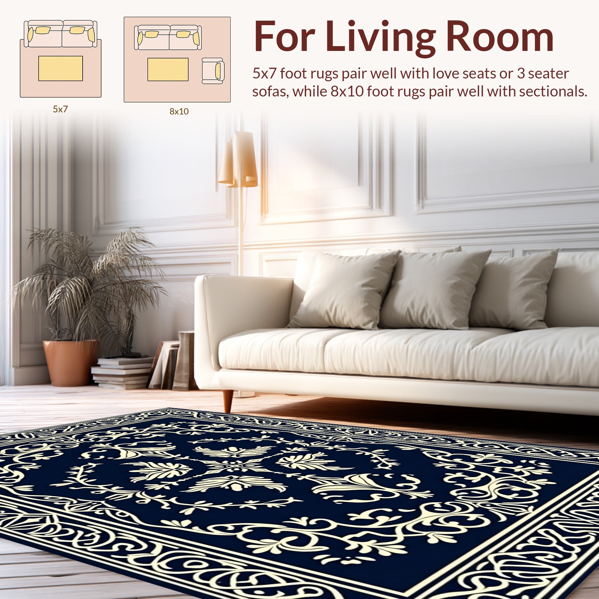Dark Blue Cream Floral Scroll Rug