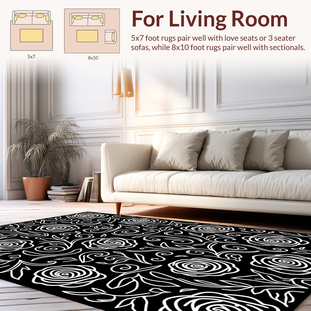 Black White Rose Swirl Pattern Rug