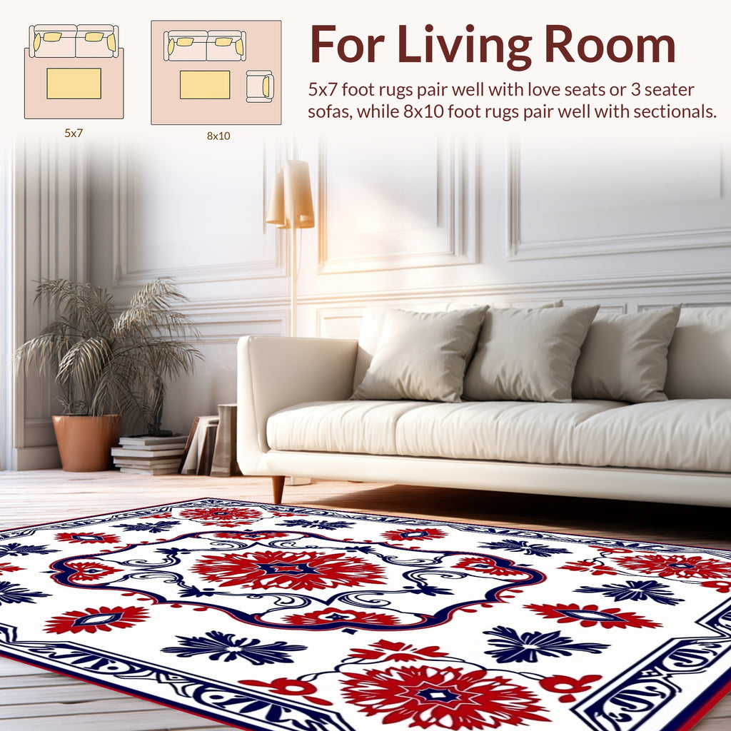 Red and Blue Floral medallion Tile Rug
