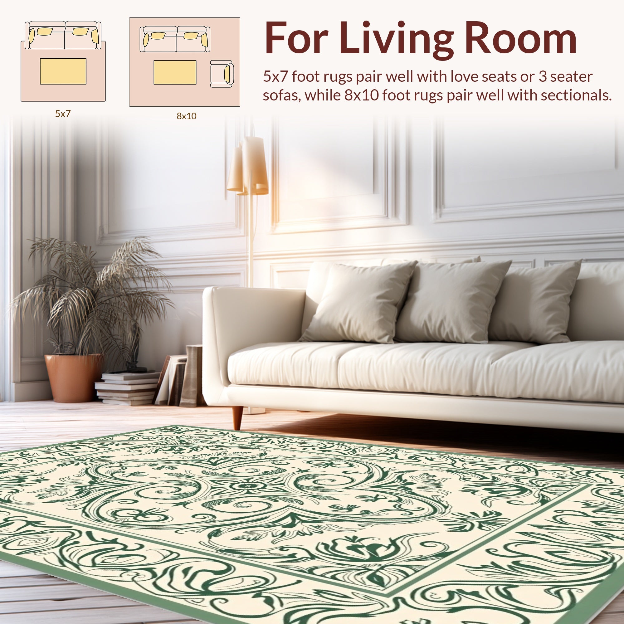 Elegant Green Floral Scrollwork Design Rug