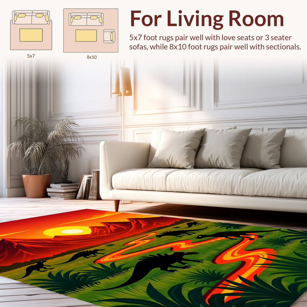 Dinosaurs in a Lava River Landscape Rug