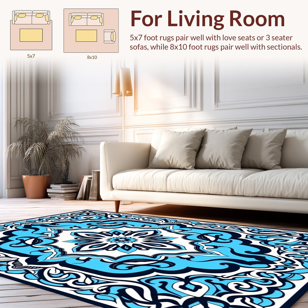 Azure Navy Floral Medallion Pattern Rug