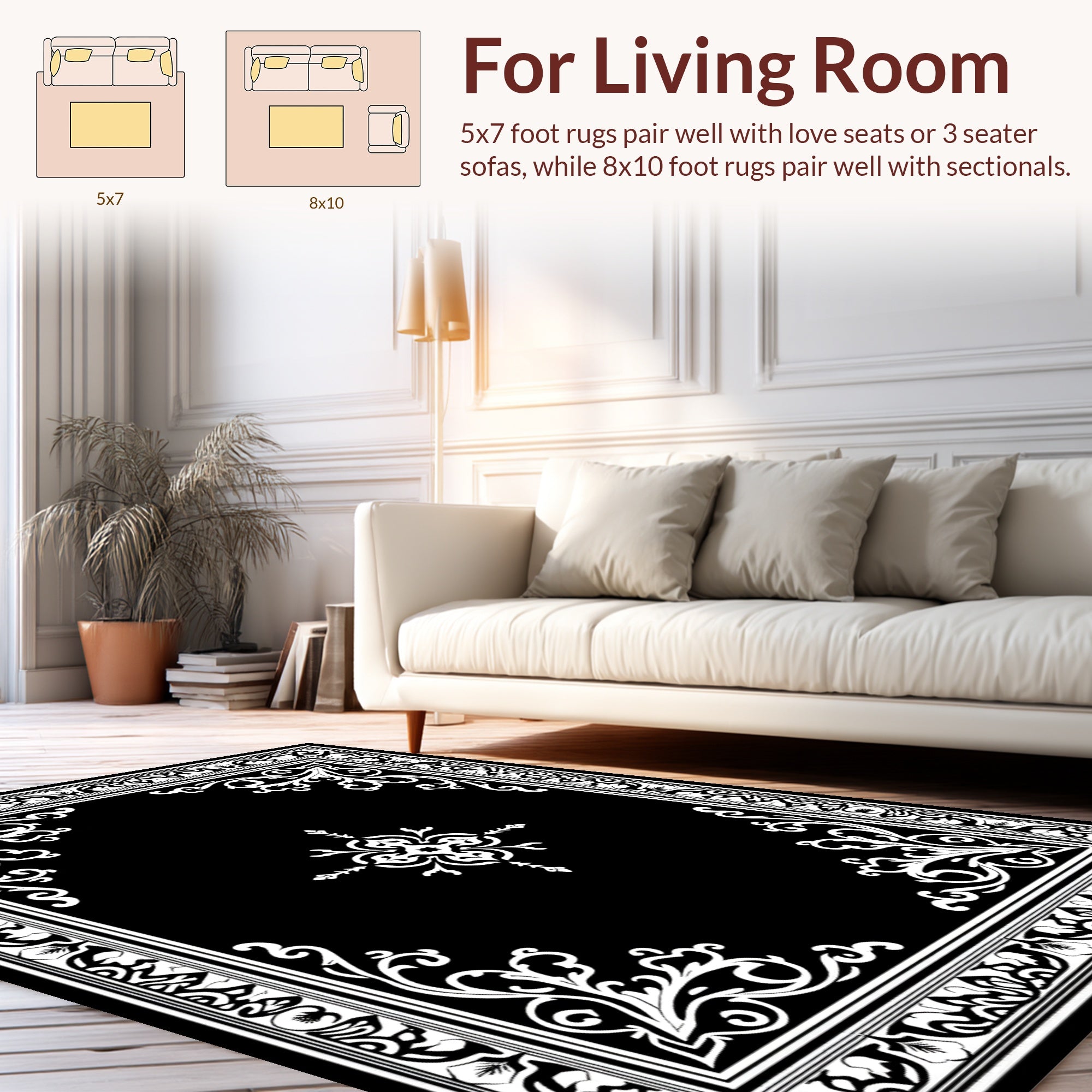 Black White Ornate Scrollwork Design Rug
