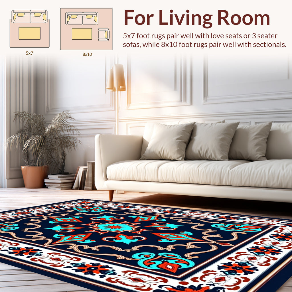 Ornate Teal Coral Floral Pattern Rug