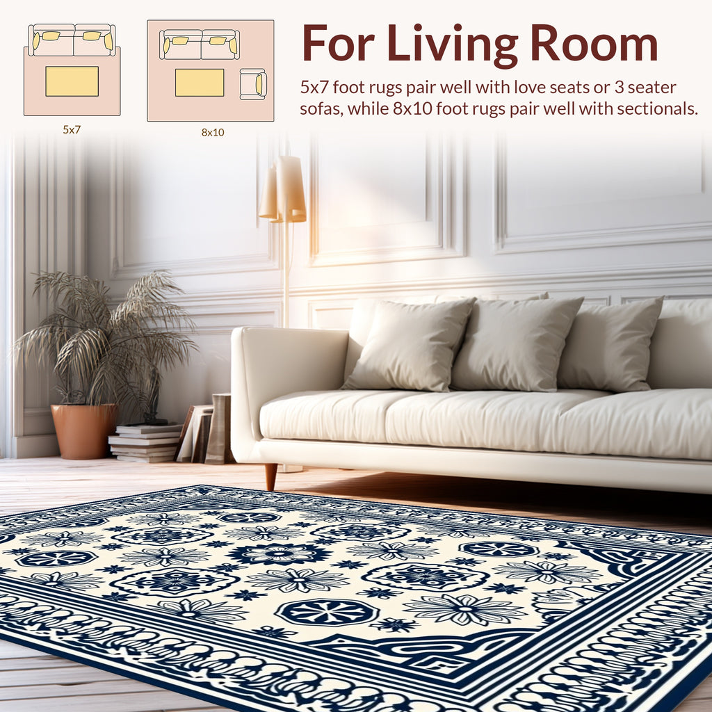 Classic Floral Medallion Dark Blue Design Rug