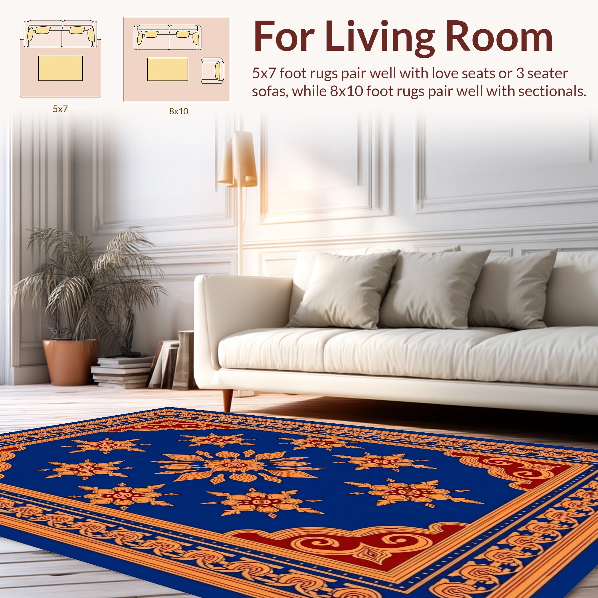 Royal Blue Orange Floral Medallion Border Rug