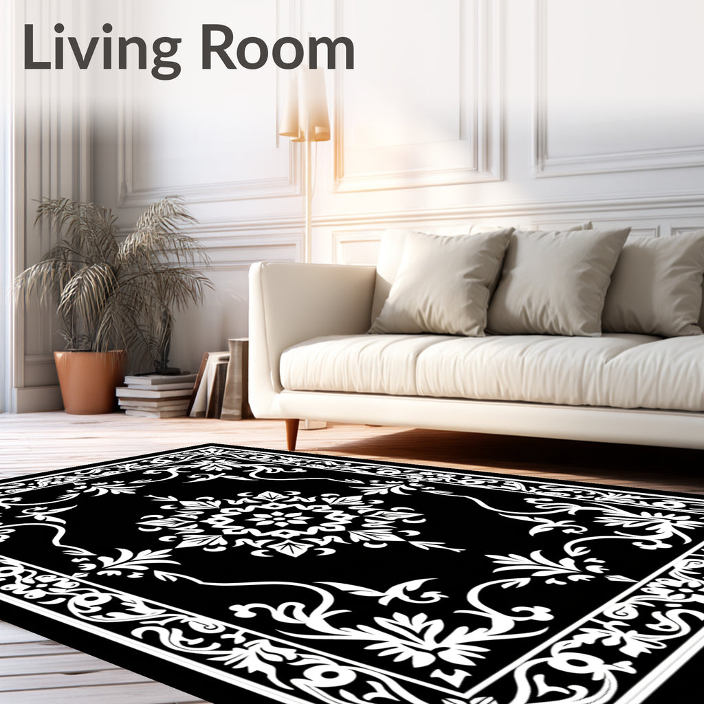 Classic Black White Floral Medallion Rug