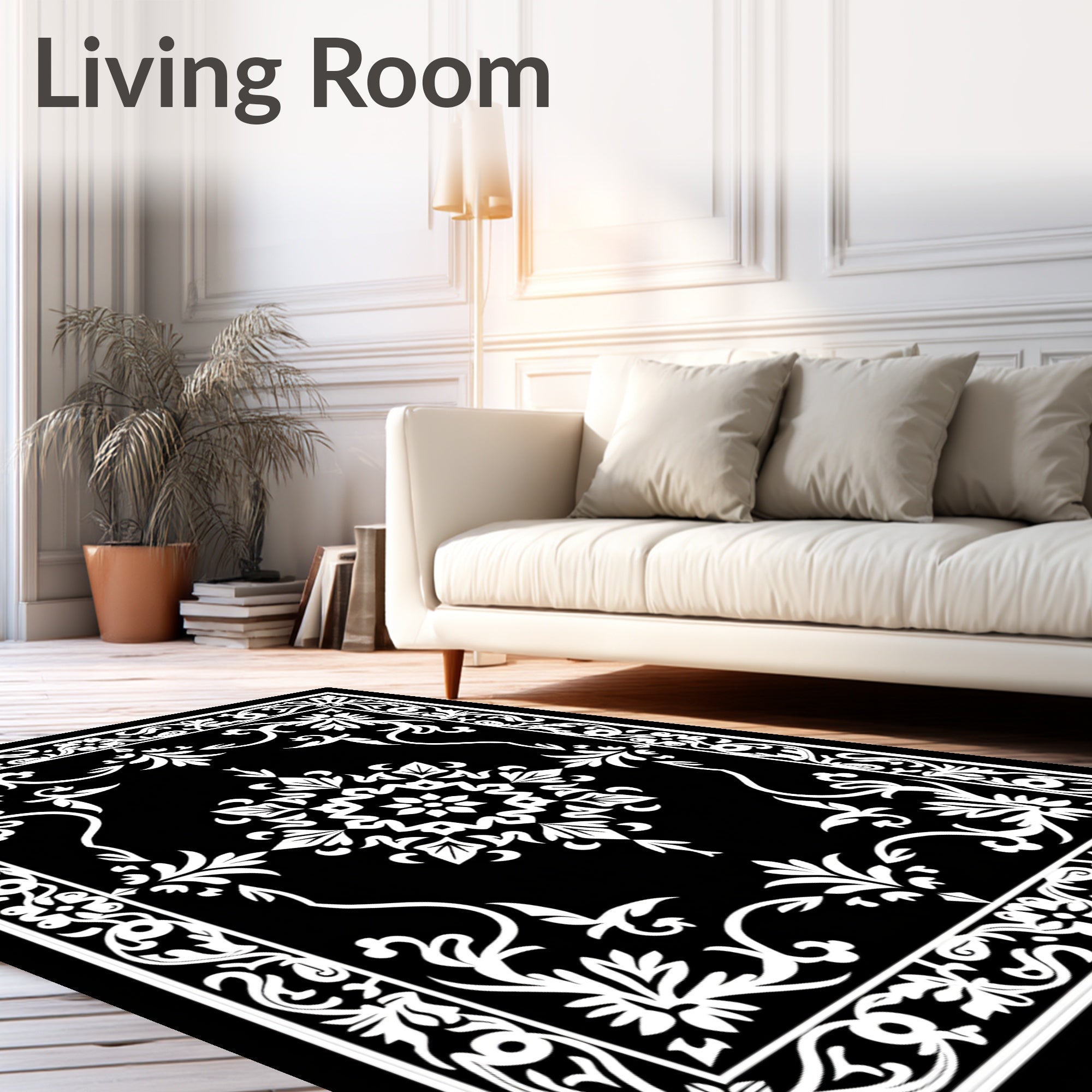 Classic Black White Floral Medallion Rug