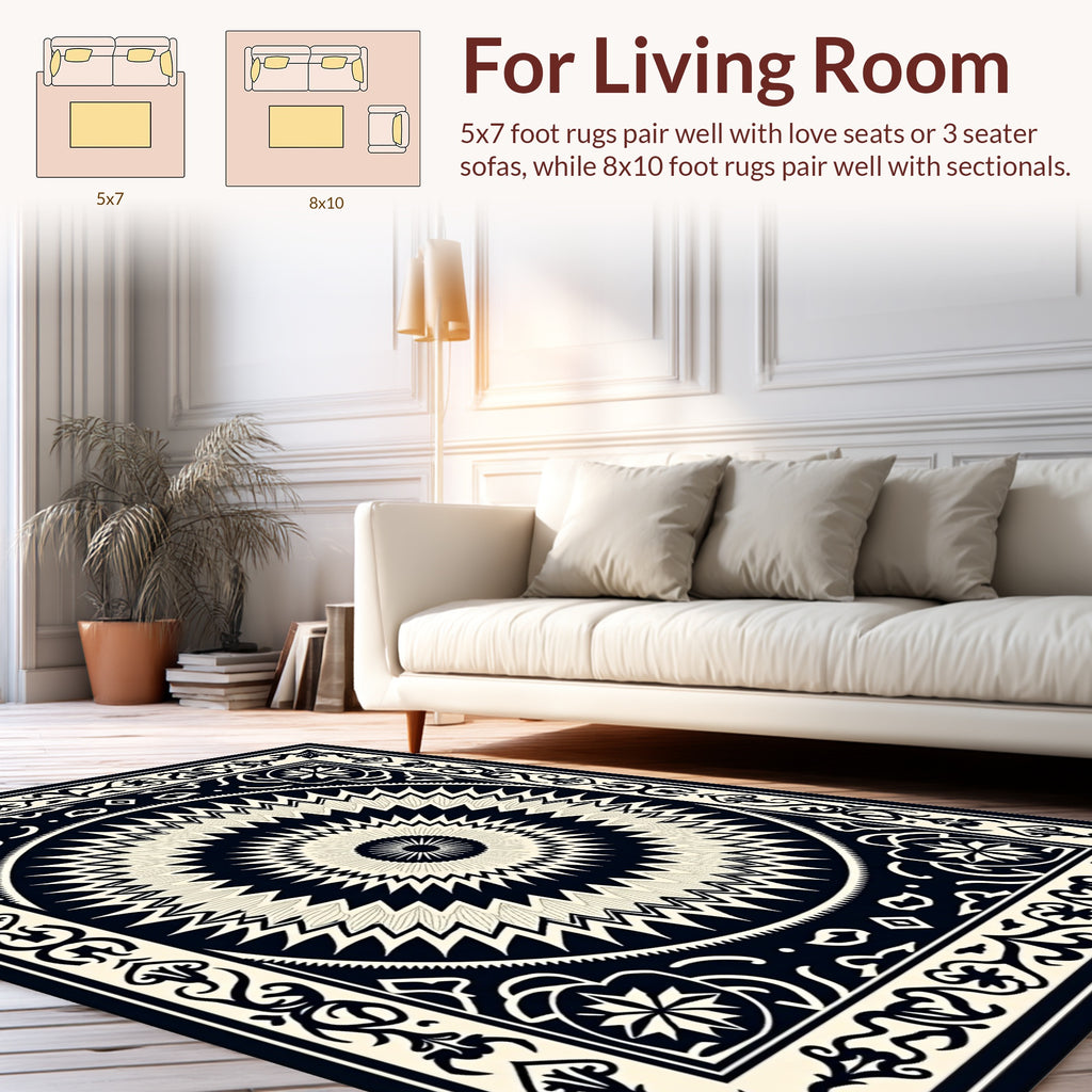 Black Cream Radial Sunburst Design Rug