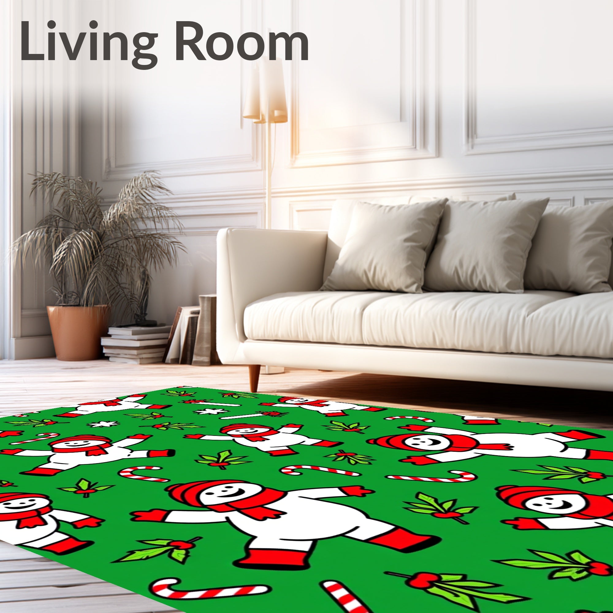 Whimsical Snowmen Candy Cane Christmas Green Rug