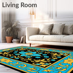 Rococo Black Cyan Golden Floral Rug