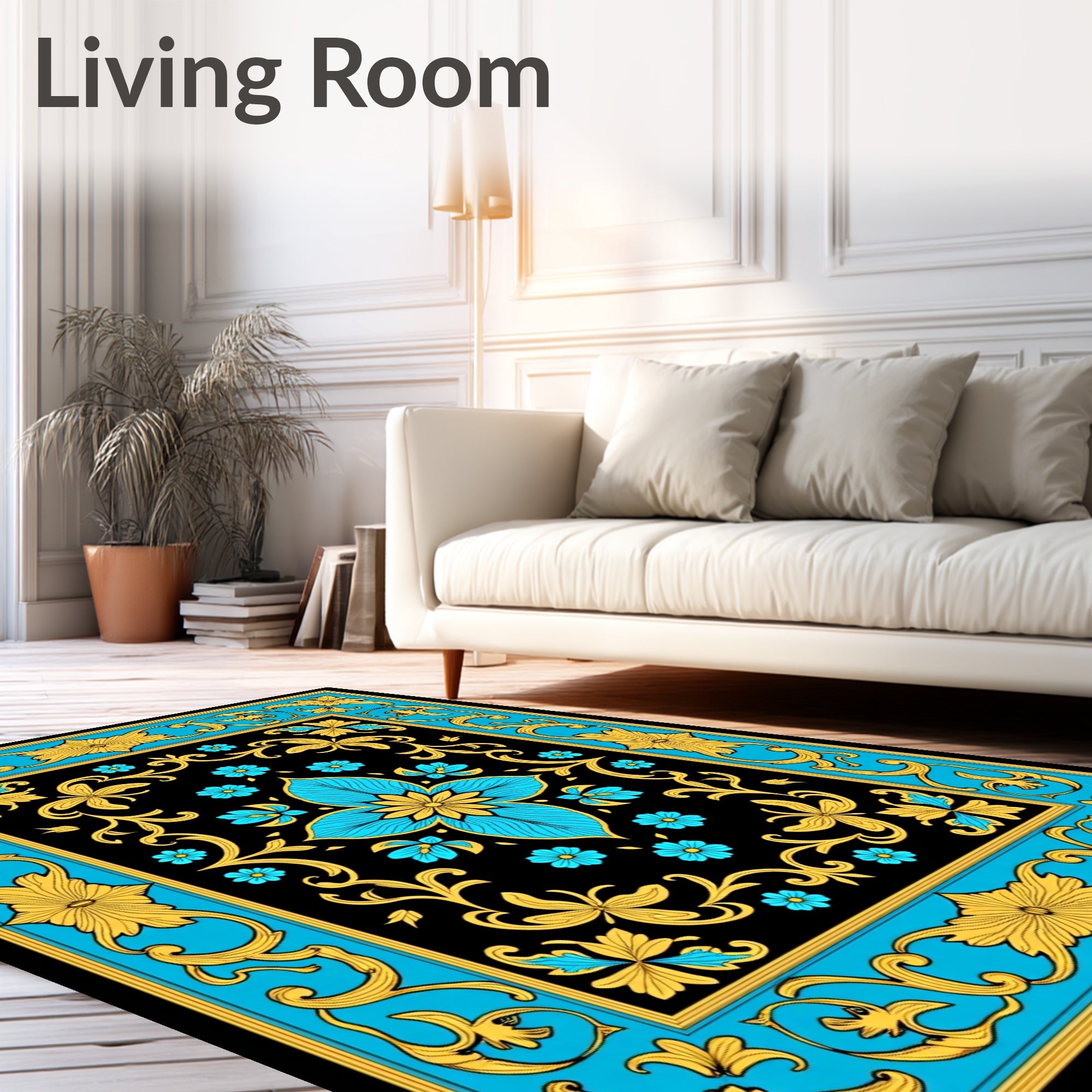 Rococo Black Cyan Golden Floral Rug