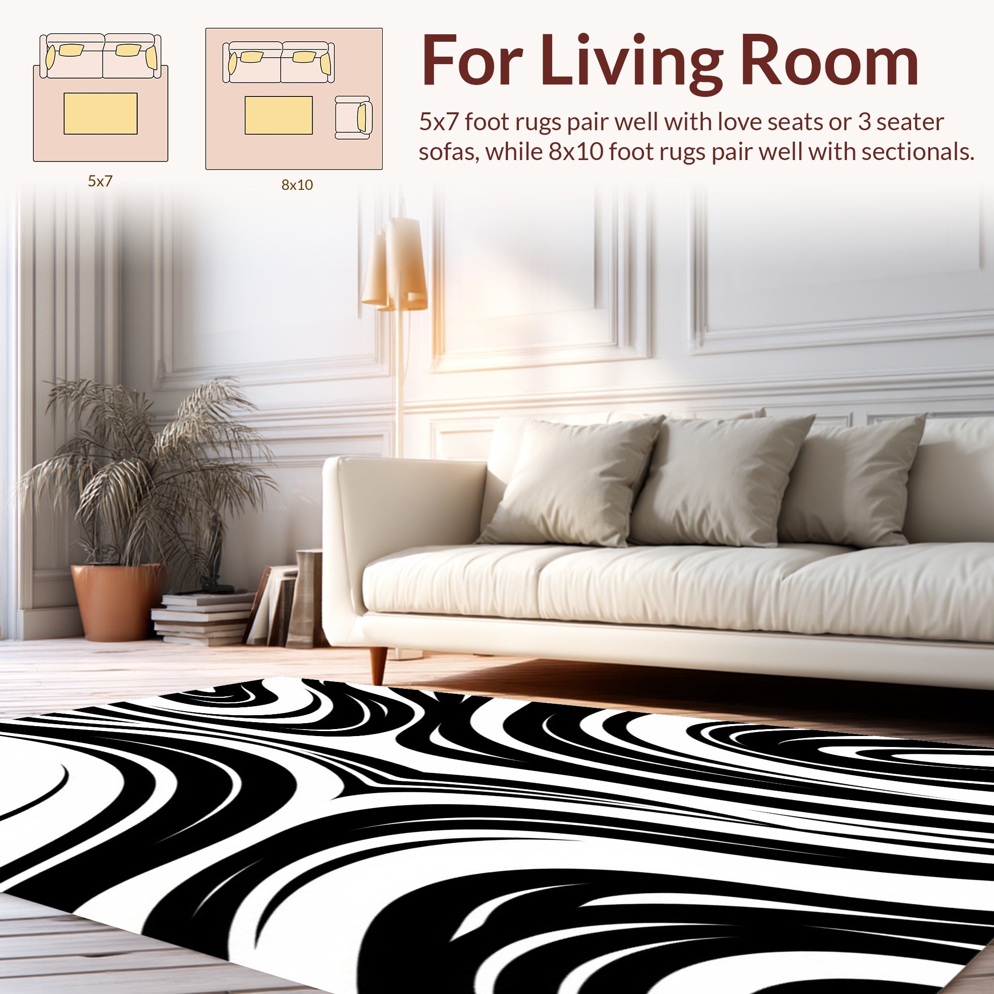 Dramatic Black White Swirl Pattern Rug