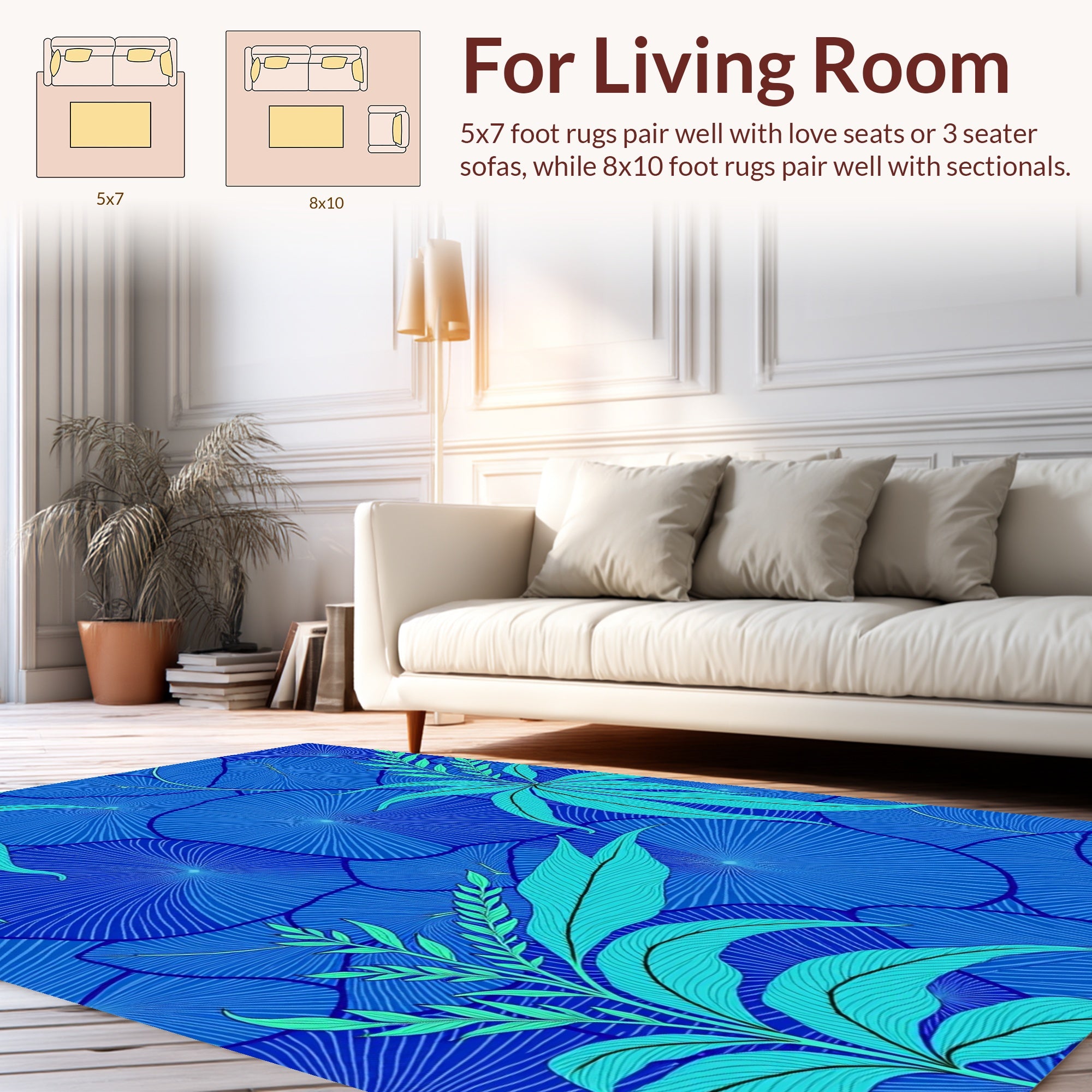 Teal Leaves on Deep Blue Circles Rug
