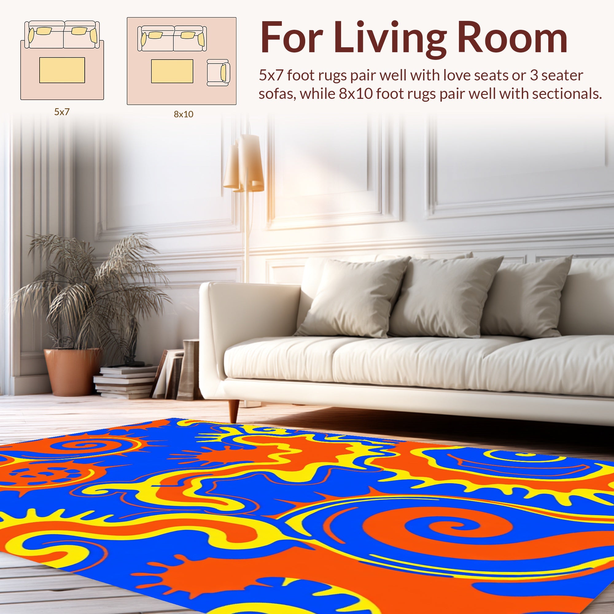 Swirling Abstract Orange Yellow Blue Design Rug