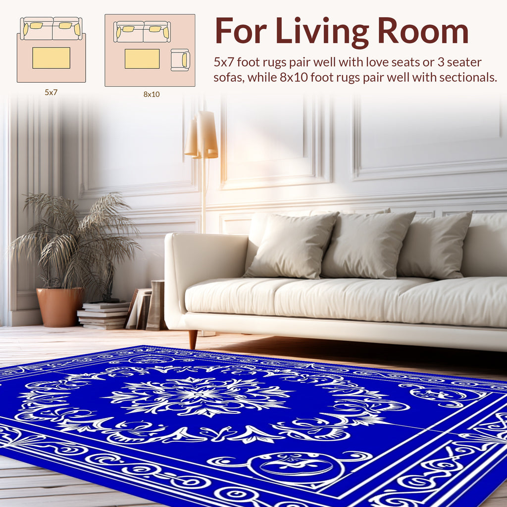 Ornate Blue White Floral Scroll Rug