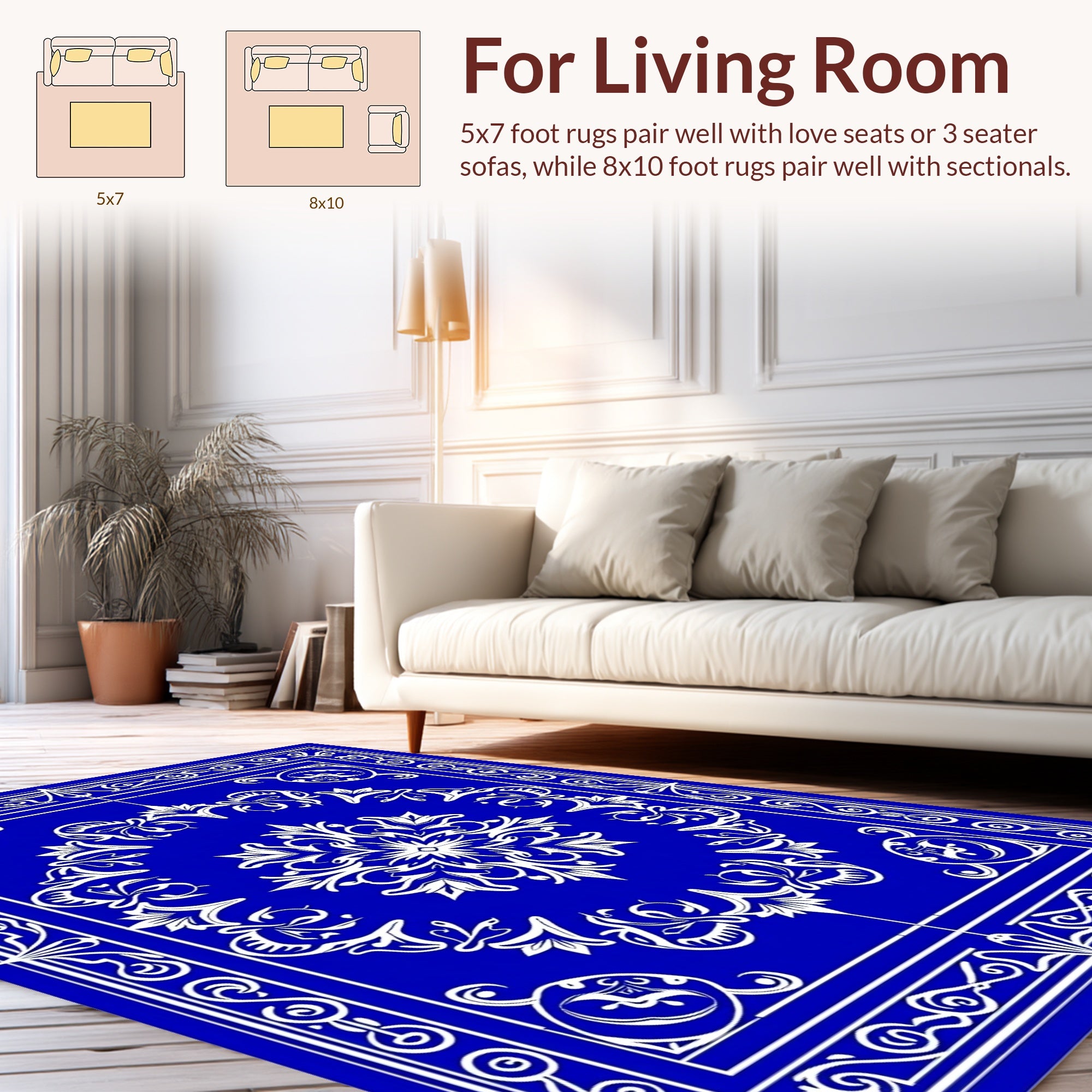 Ornate Blue White Floral Scroll Rug
