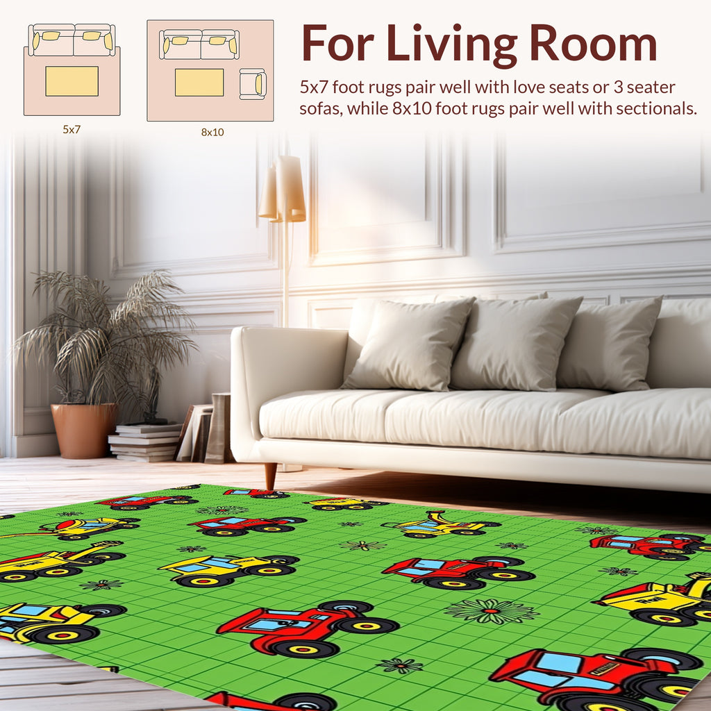 Red and Yellow Tractor Farm Pattern Rug