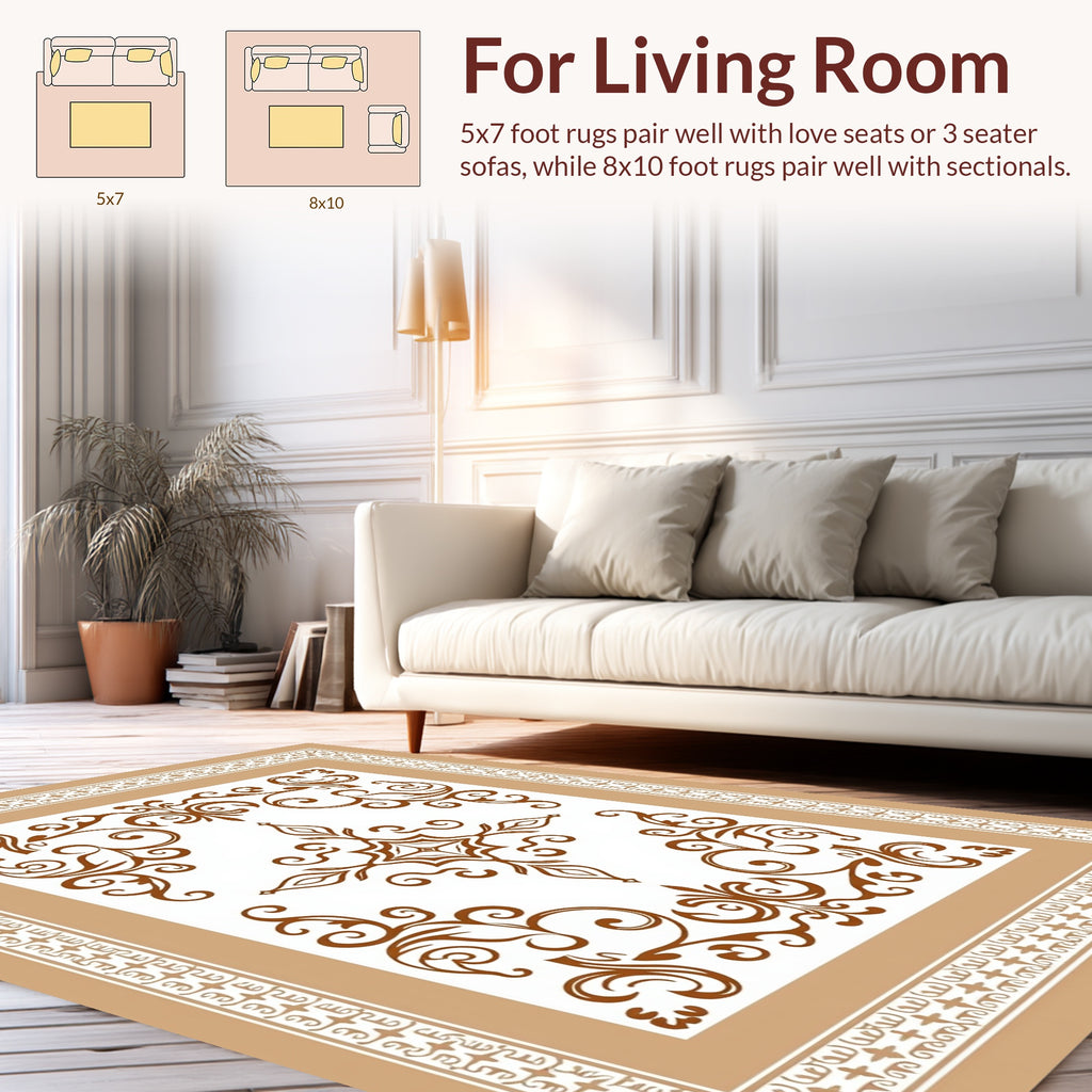 Ornate Brown Scrollwork Border Design Rug