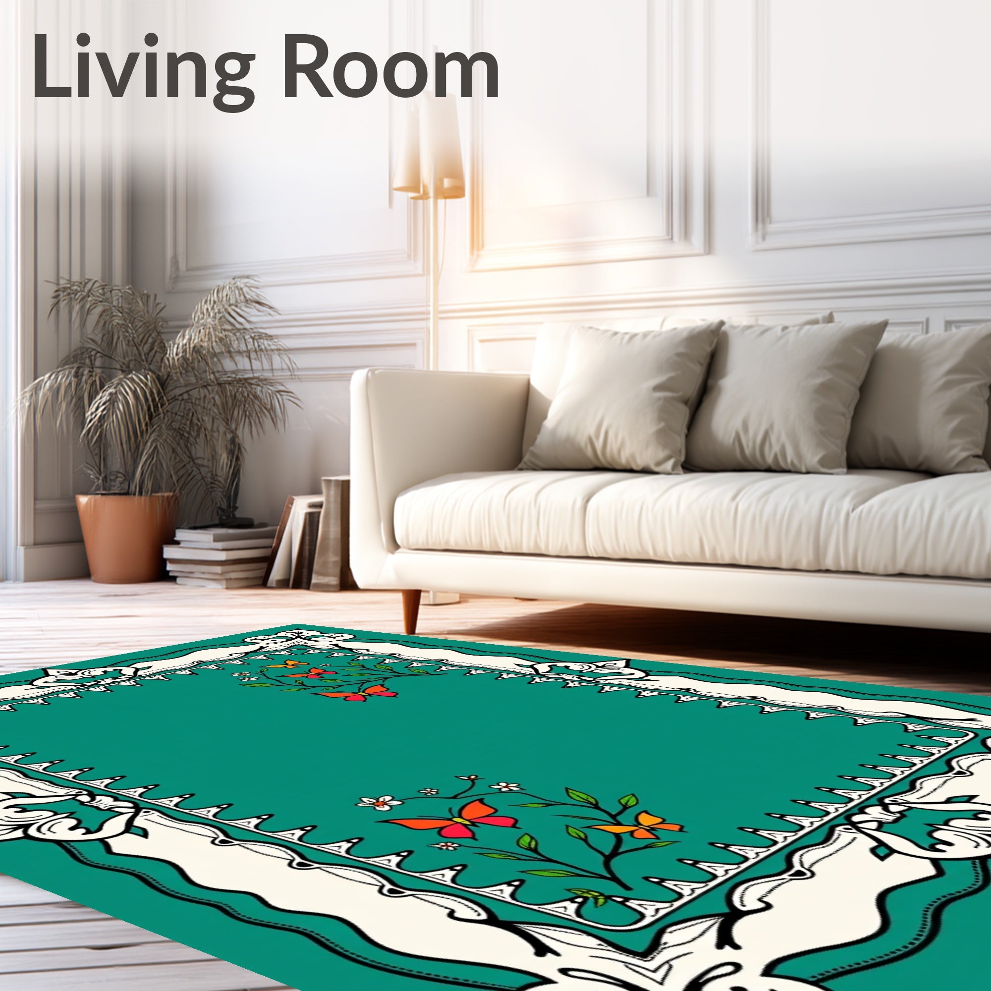 Whimsical Orange Butterfly Floral Teal Rug