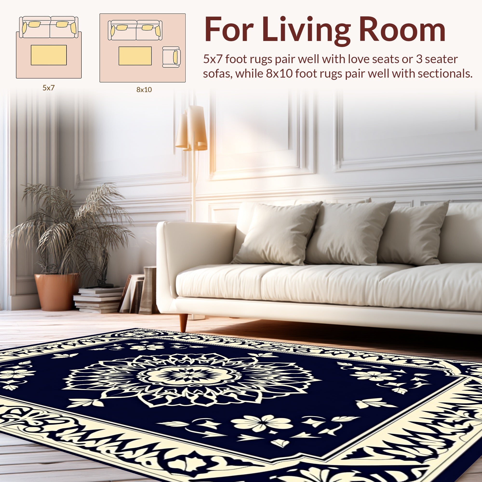 Navy Cream Floral Mandala Medallion Rug
