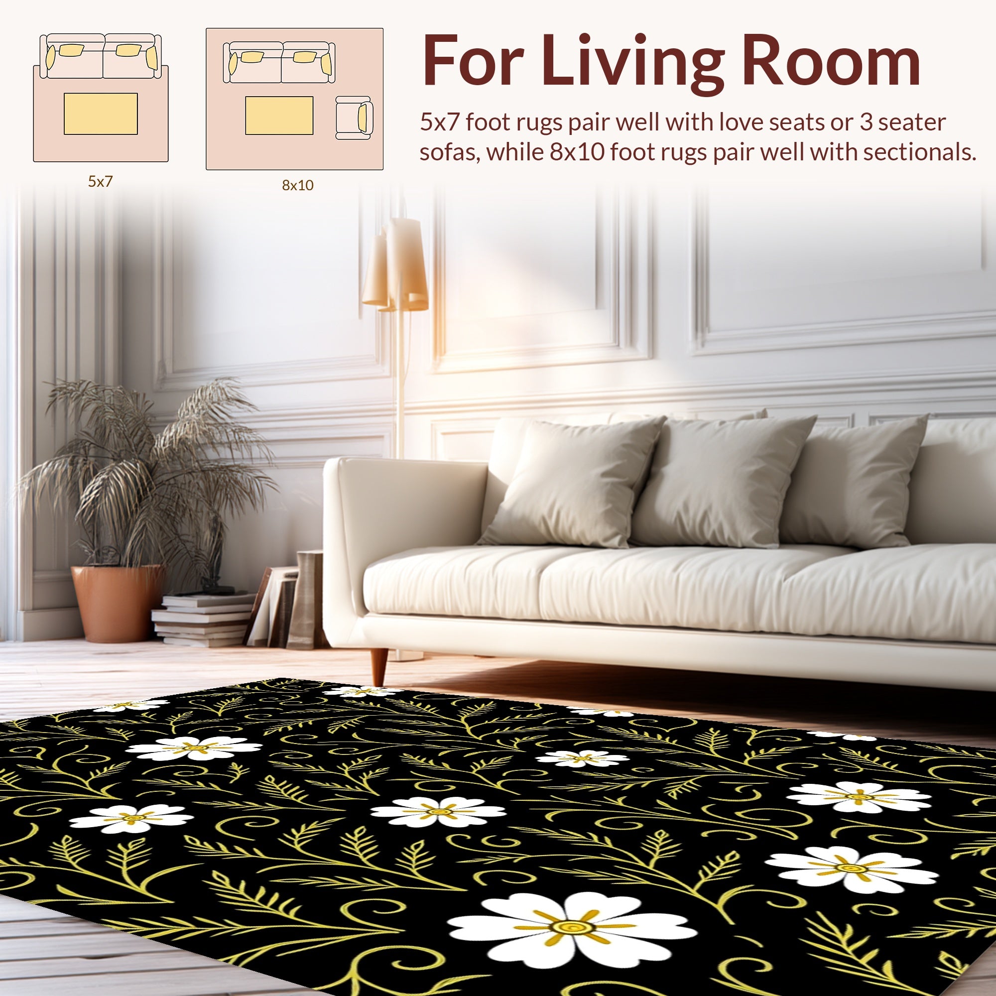 Black White Gold Floral Swirls Rug