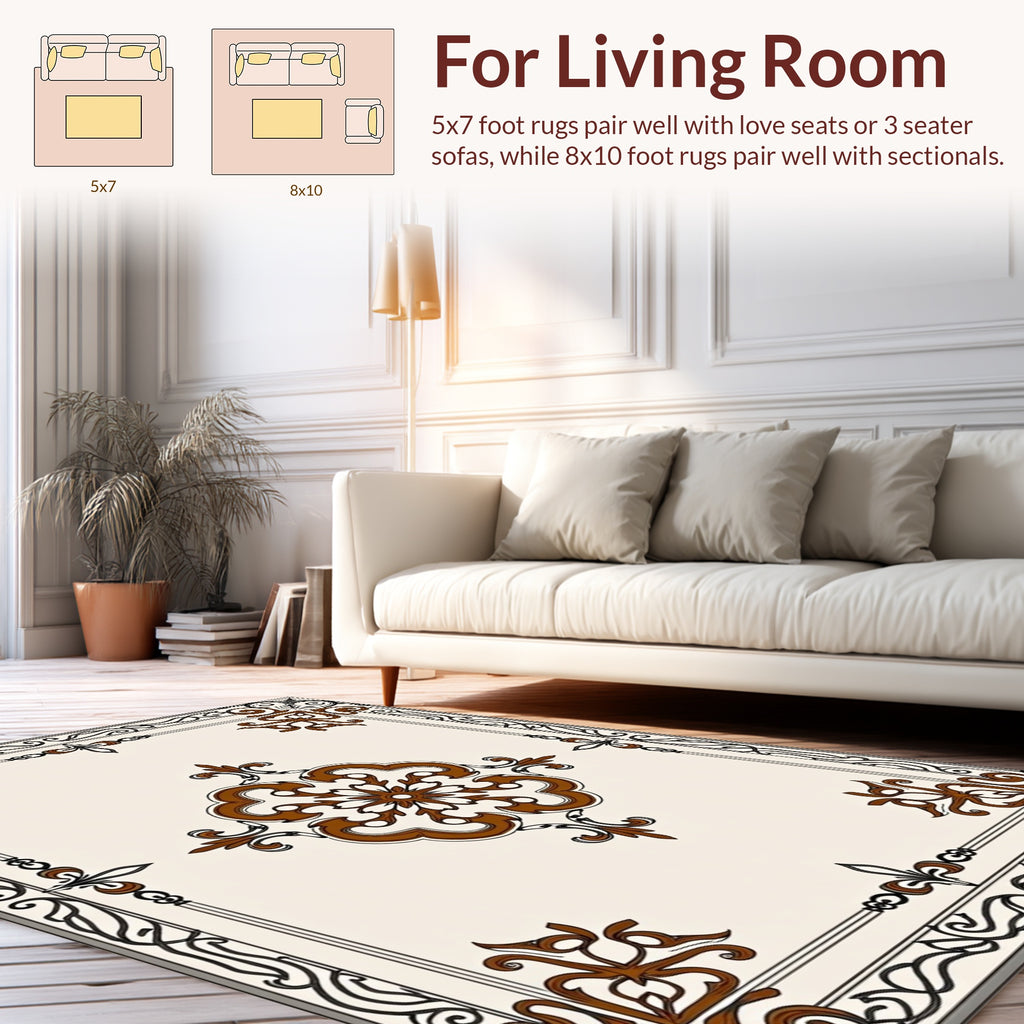 Ornate Brown Cream Scrollwork Rug